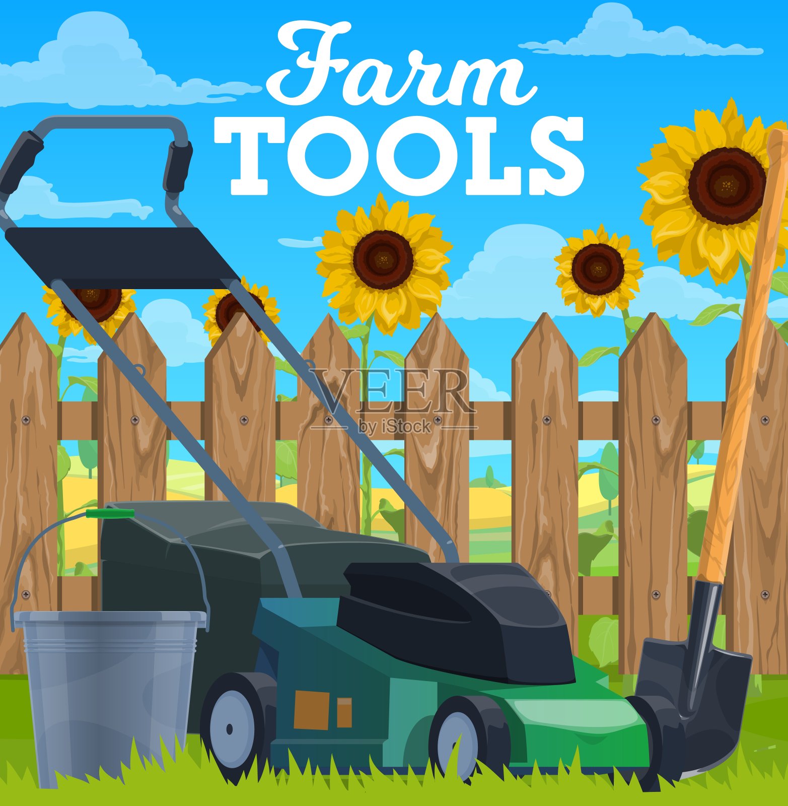 农用工具有割草机、铲斗和铁铲插画图片素材