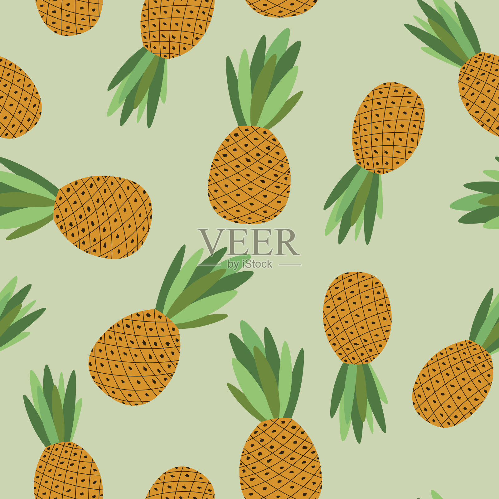 无缝图案与菠萝。卡通热带五颜六色的水果在绿色的背景。菠萝,松树。食品的概念。模板设计的邀请，卡片，面料，纺织品。夏天的插图。插画图片素材