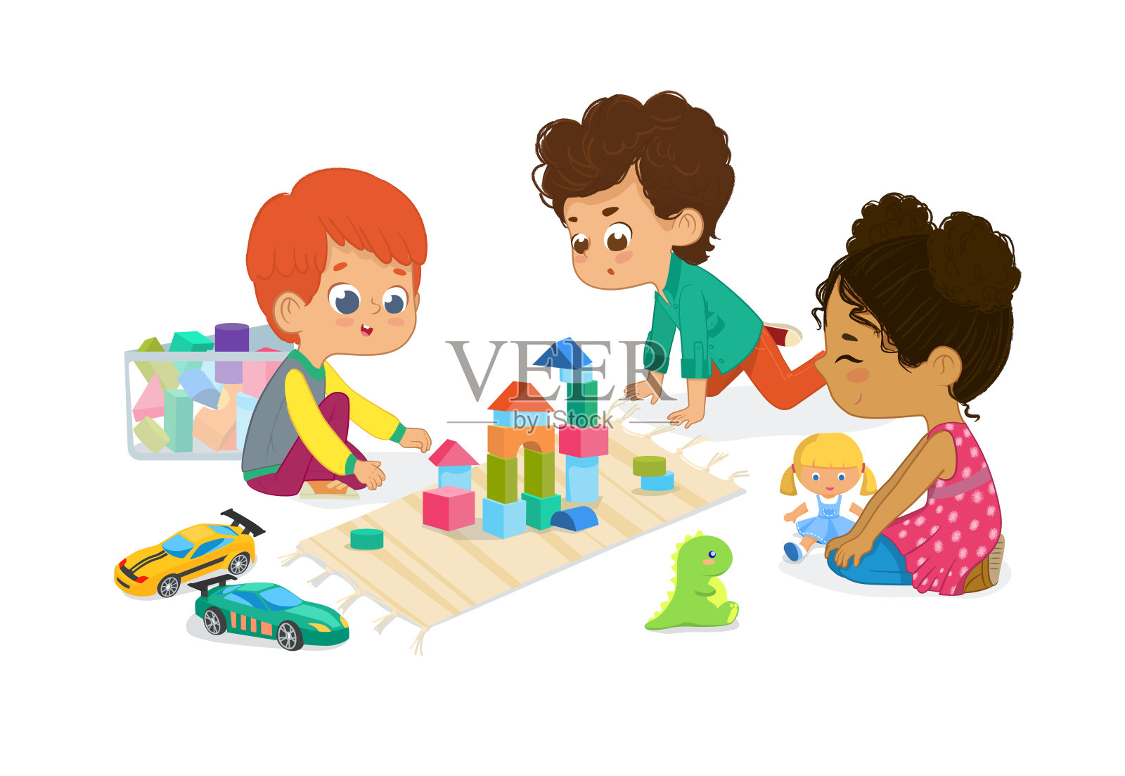 孩子们在幼儿园教室里围成一圈坐着玩玩具，玩木制玩具积木、汽车、娃娃，笑。通过娱乐概念学习。矢量插图的传单，网站，海报，横幅设计元素图片