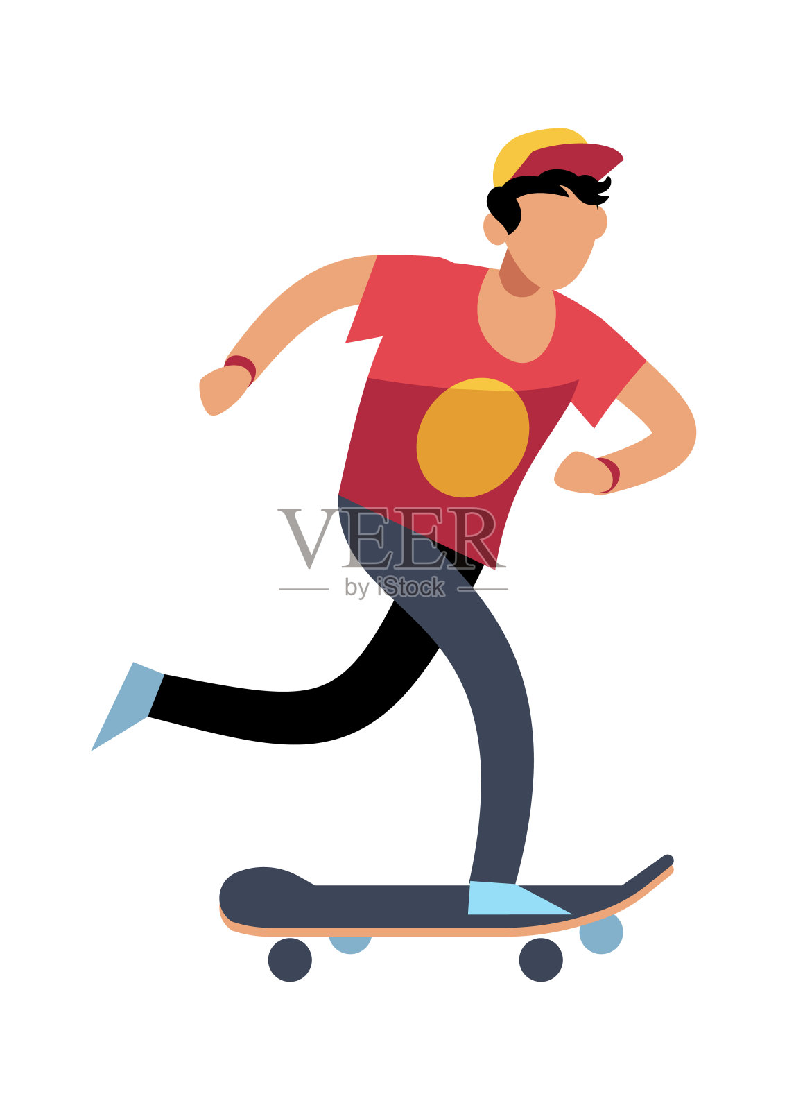 玩滑板的年轻人。年轻的滑冰者在船上滑冰。户外活动，极限运动，健康休闲生活方式。平面矢量卡通孤立插图插画图片素材