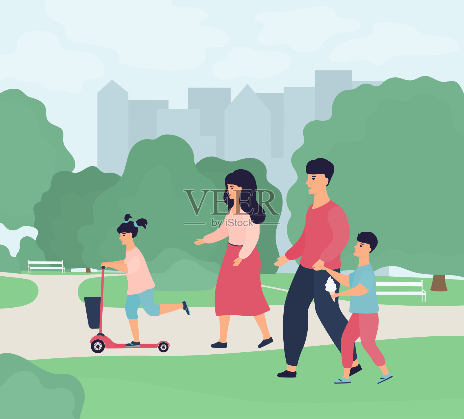 幸福的家庭的周末。父母带着孩子在城市公园散步。父亲牵着儿子的手。一个男孩吃冰淇淋。一个女孩骑着踏板车。妈妈带着女儿走进大自然插画图片素材