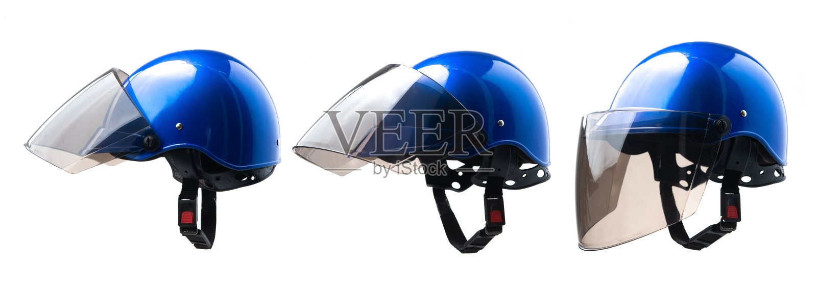 白色背景上的蓝色摩托车头盔照片摄影图片