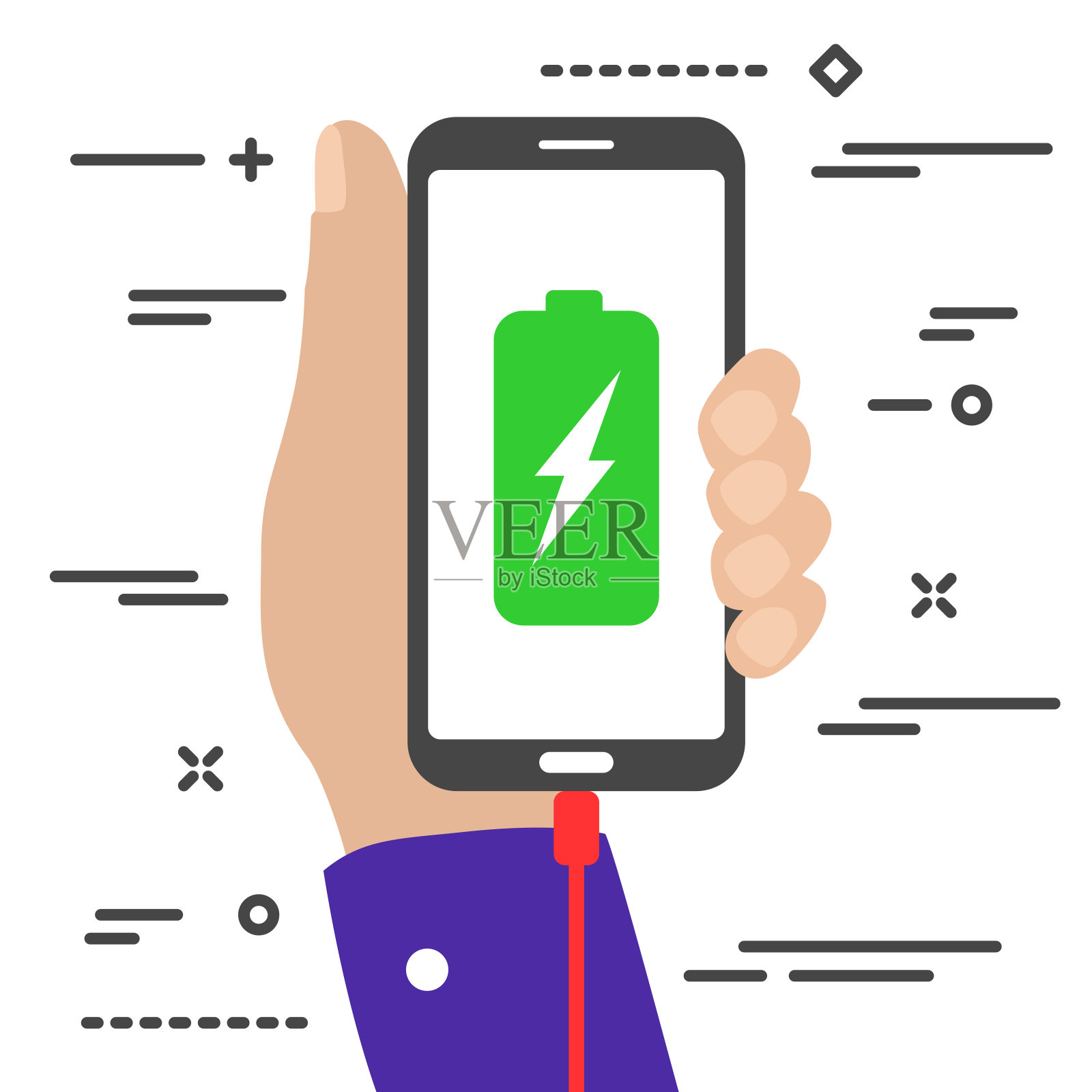 一只极小的手拿着一台正在充电的手机，屏幕上有电池和闪电符号插画图片素材