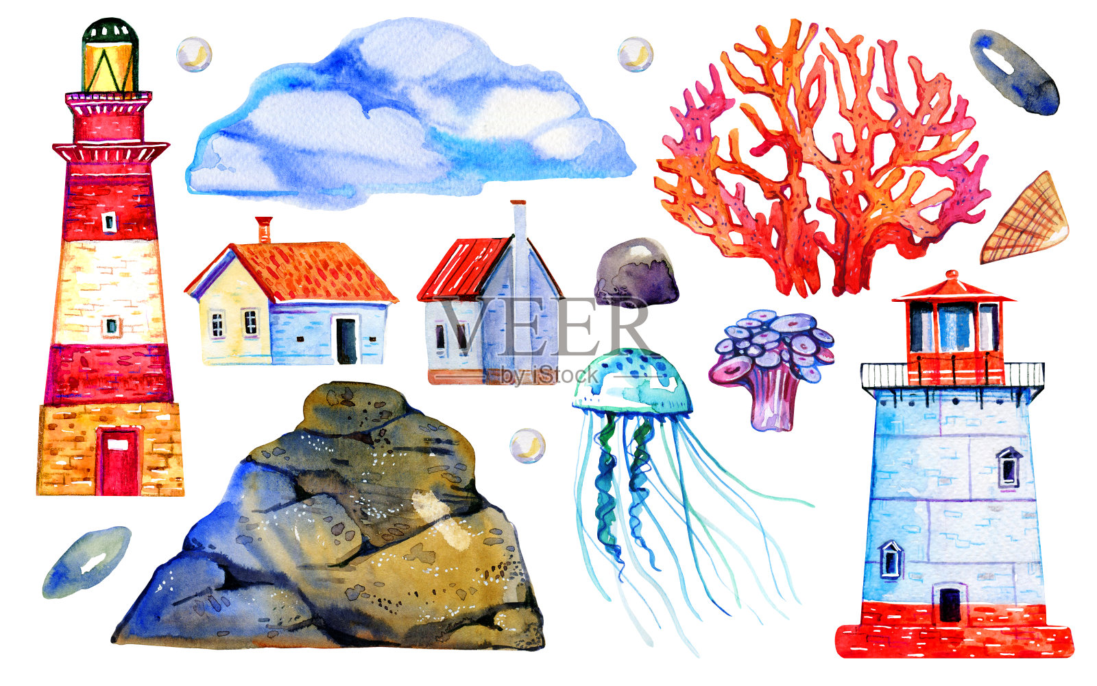 配有灯塔、珊瑚、水母和景观元素。手绘水彩素描插图孤立的白色背景插画图片素材