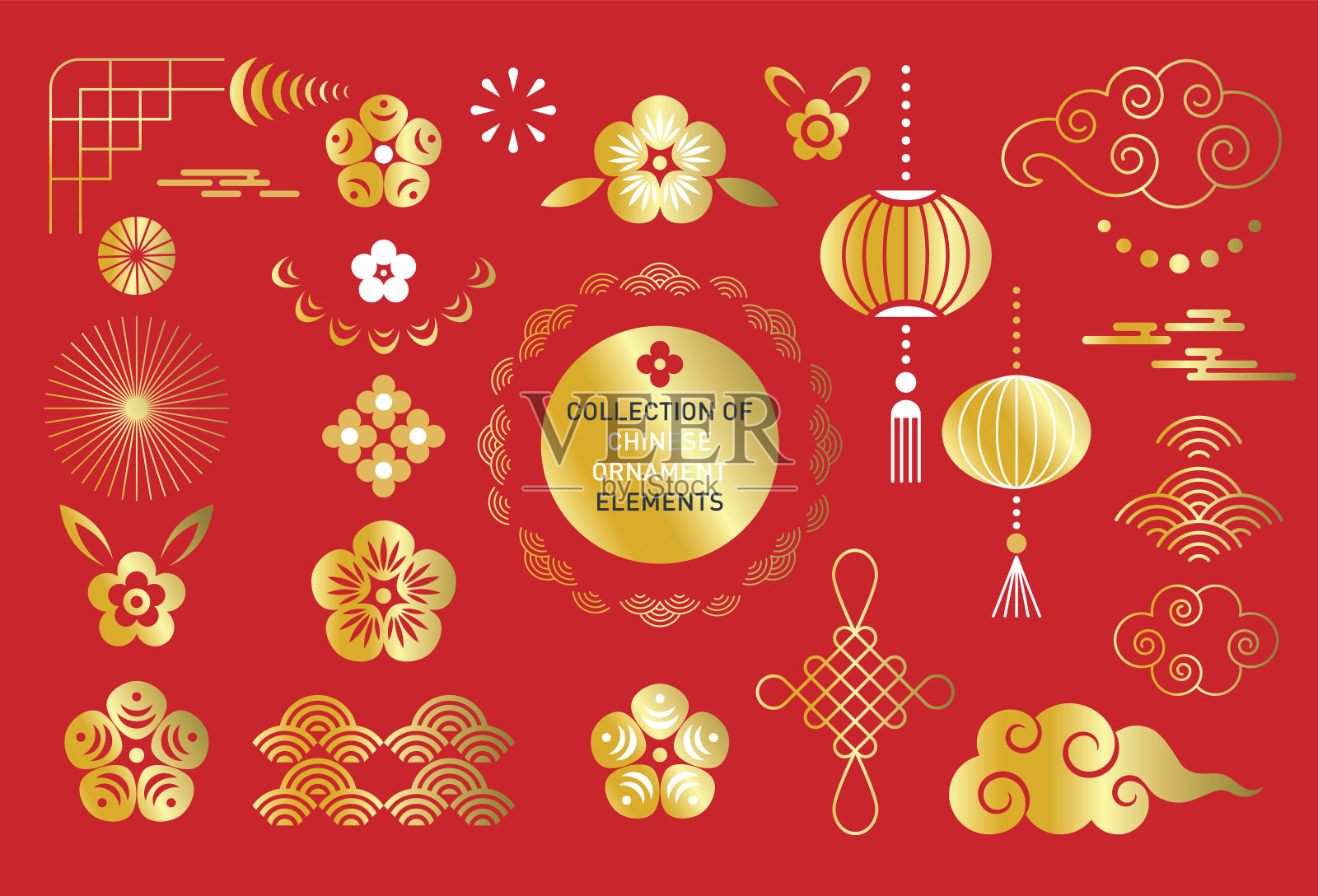 红色背景上大量的中国饰品元素插画图片素材
