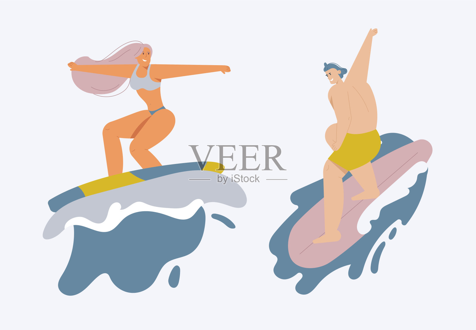 年轻人骑着冲浪板，老式露营车插画图片素材