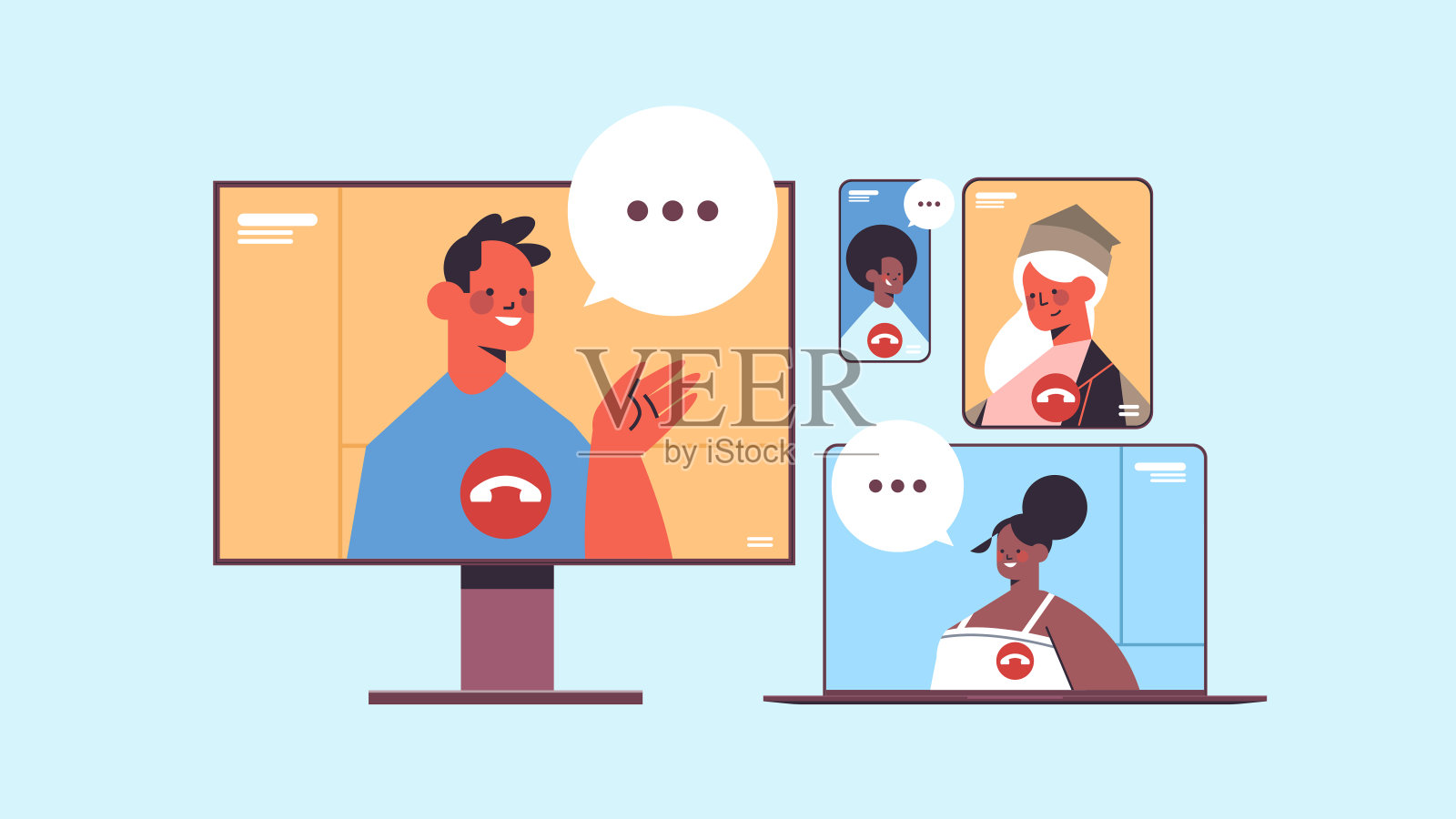 混合种族的人在视频通话中聊天，商务人士使用数字设备在线会议插画图片素材