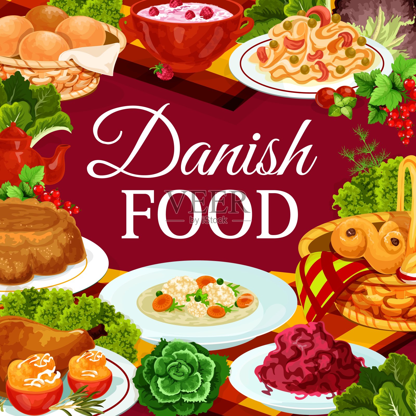 丹麦菜烹饪斯堪的纳维亚自助餐菜单插画图片素材