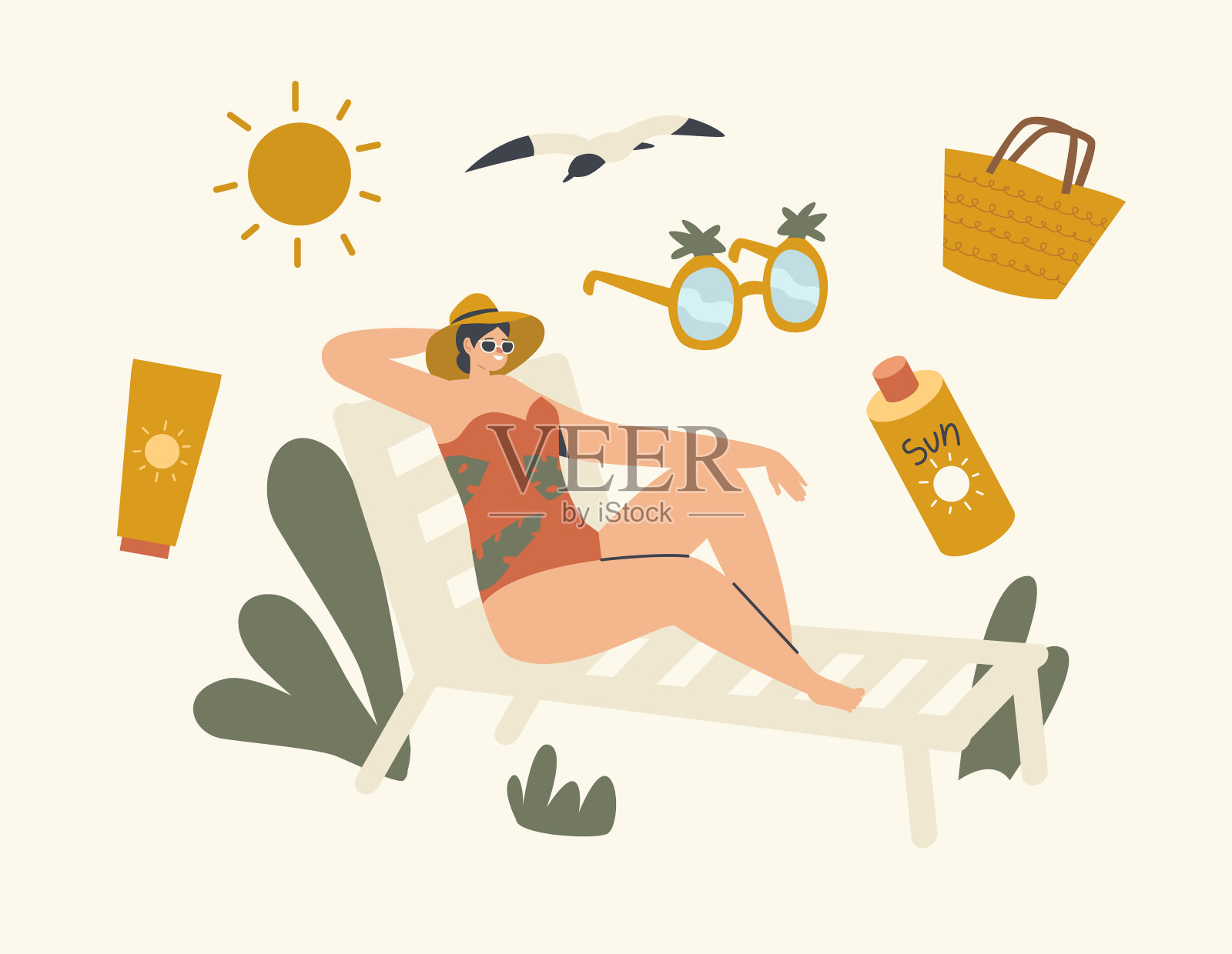 Woman Lounging on Chaise Lounge under Sun Rays Relaxing on Sea Beach at Summer Vacation. Girl Tourist Character Relax插画图片素材