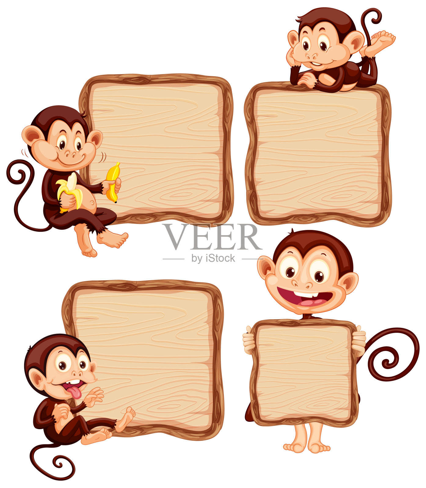 板模板与可爱的猴子在白色的背景插画图片素材