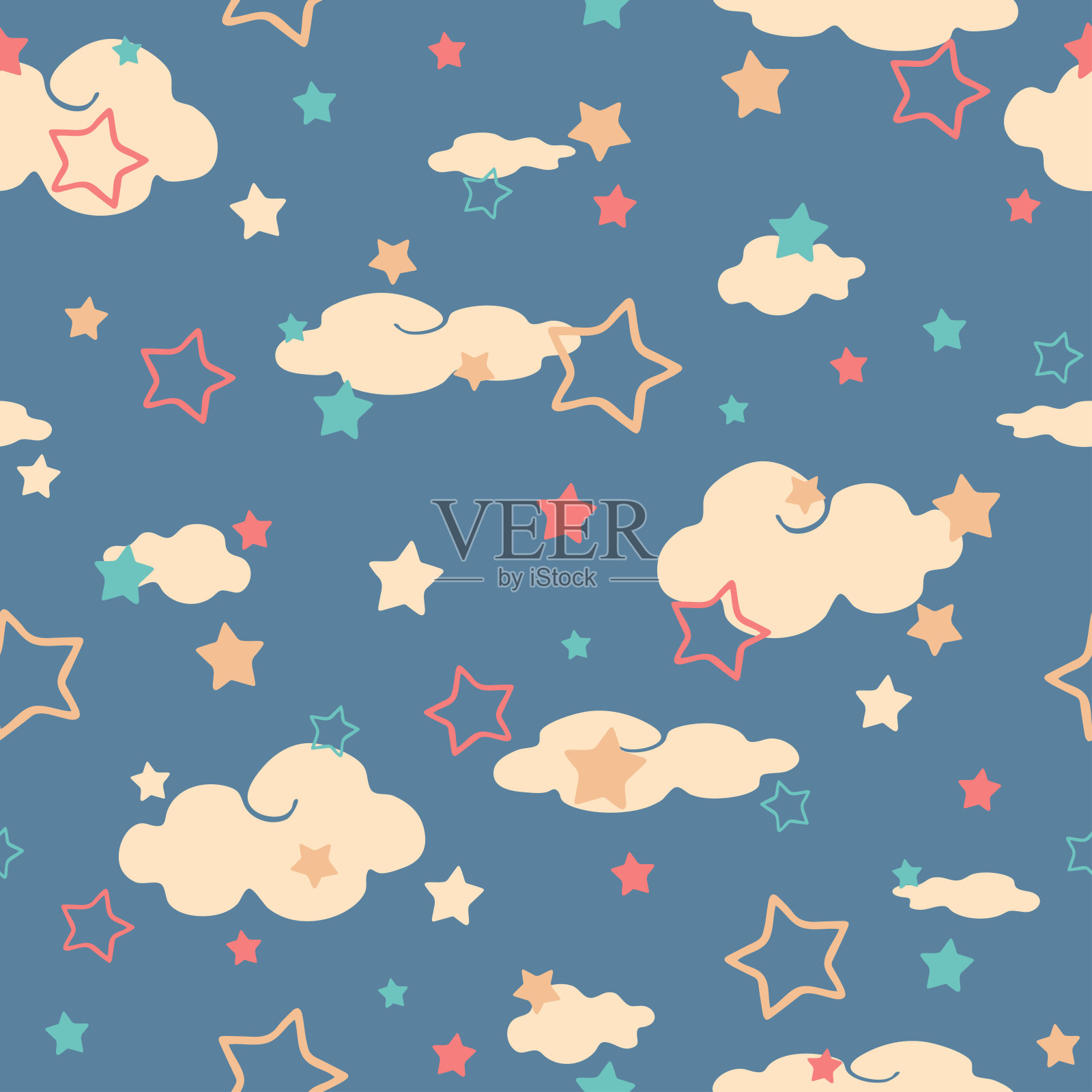 无缝矢量模式与星星和云的蓝色背景。卧室儿童壁纸设计。简单的育儿时尚纺织品。插画图片素材