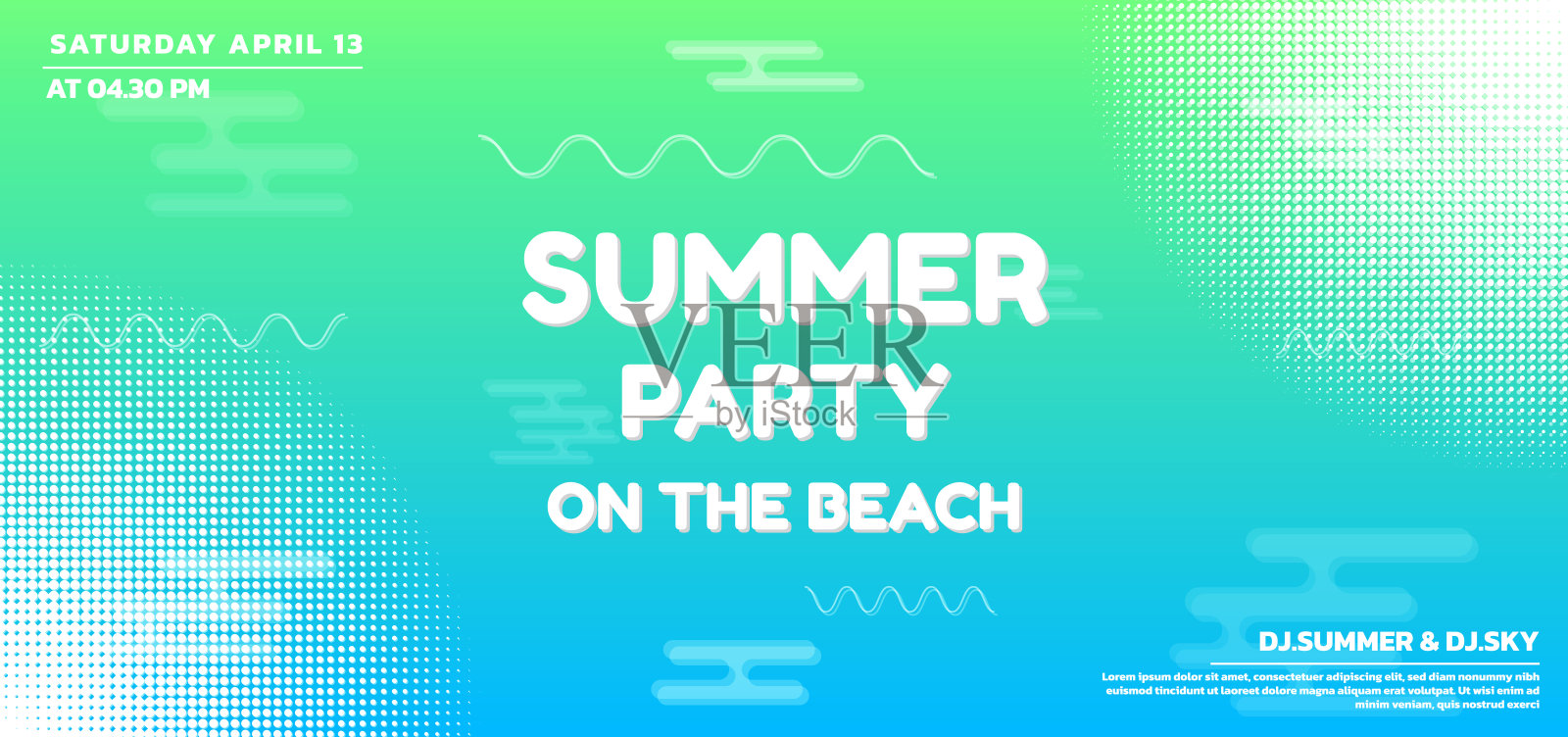夏日沙滩派对上的蓝色半色调圆形线条设计设计模板素材