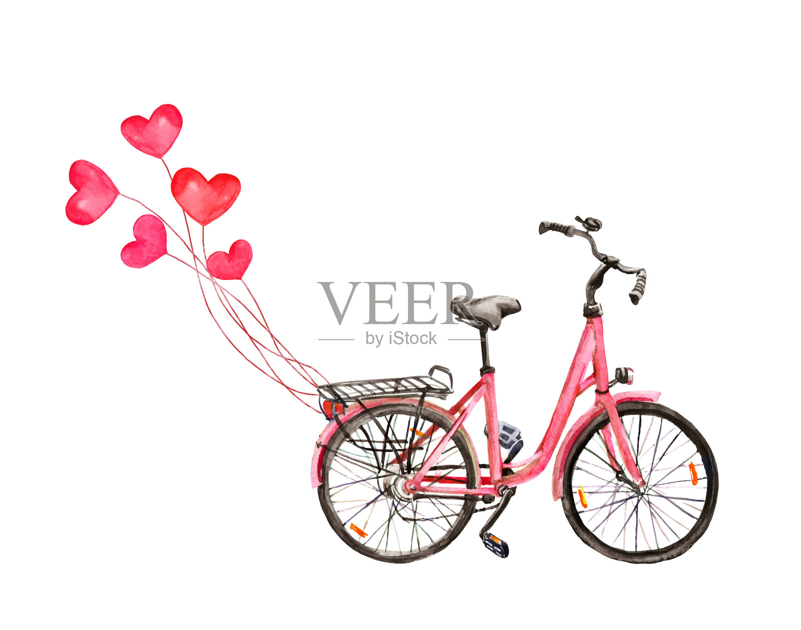 粉红色的心形自行车。浪漫水彩画情人节，爱，婚礼设计元素图片
