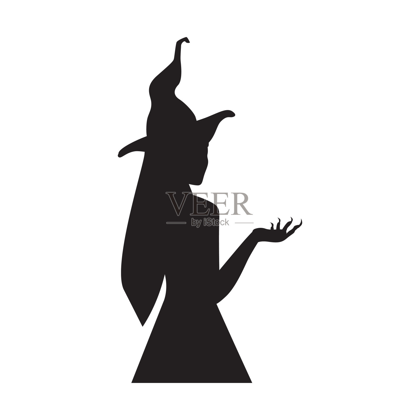 万圣节黑色矢量插图女巫在帽子和幽灵手长指甲设计元素图片