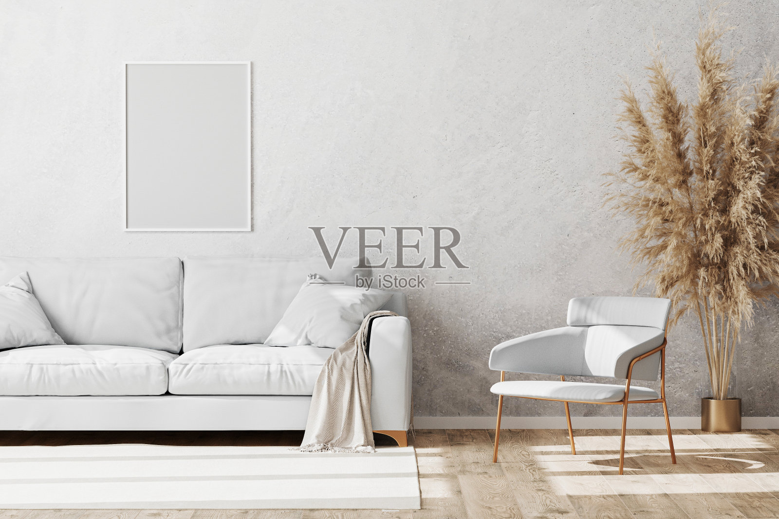 空白的白色框架模型在浅色简约的客厅内部，白色和金色的沙发和扶手椅，装饰石膏墙和木地板，3d渲染照片摄影图片