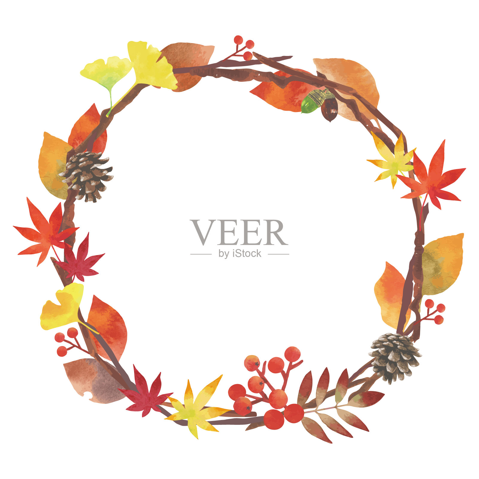 秋叶，秋收装饰品。自然租赁框架。水彩,圆设计元素图片