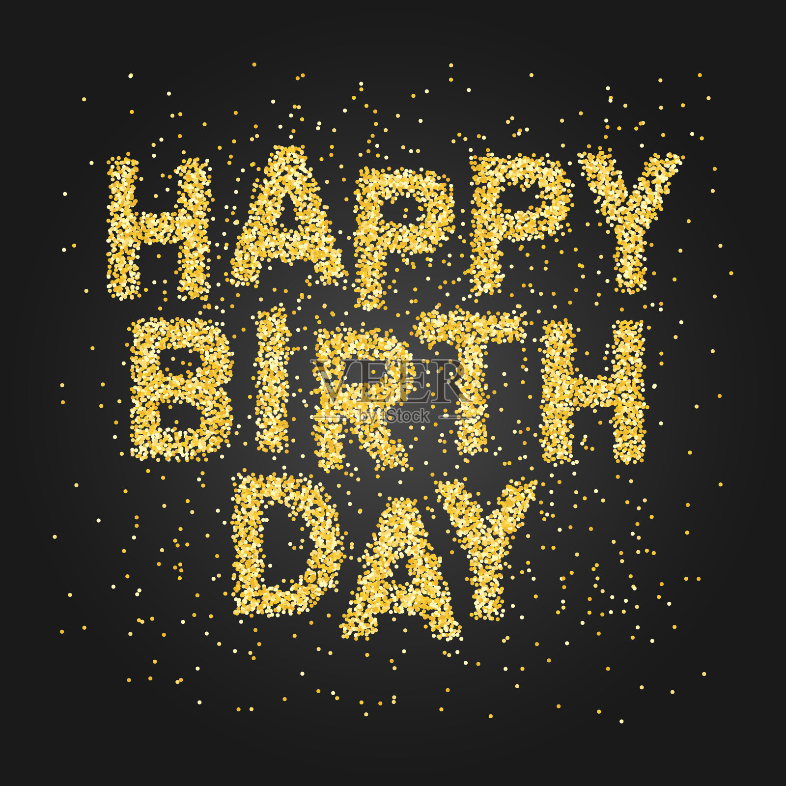 生日快乐横幅与金色闪闪发光的文字在黑色的背景。插画图片素材