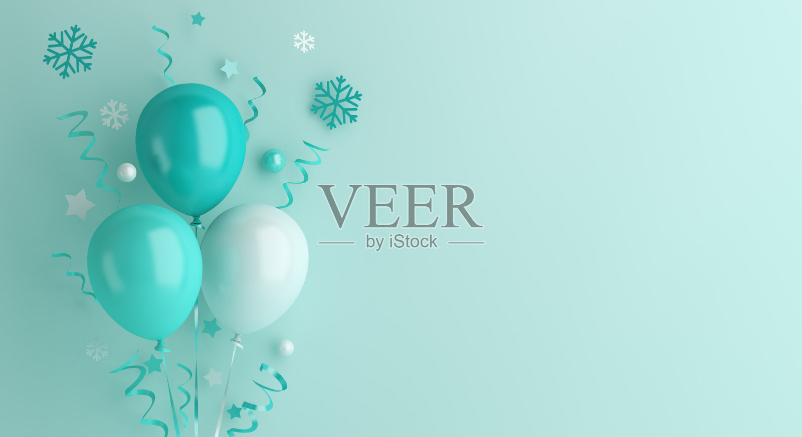 冬季背景，快乐新年装饰蓝色气球，雪花，五彩纸屑，复制空间文本，横幅，模板，3D渲染插图。照片摄影图片