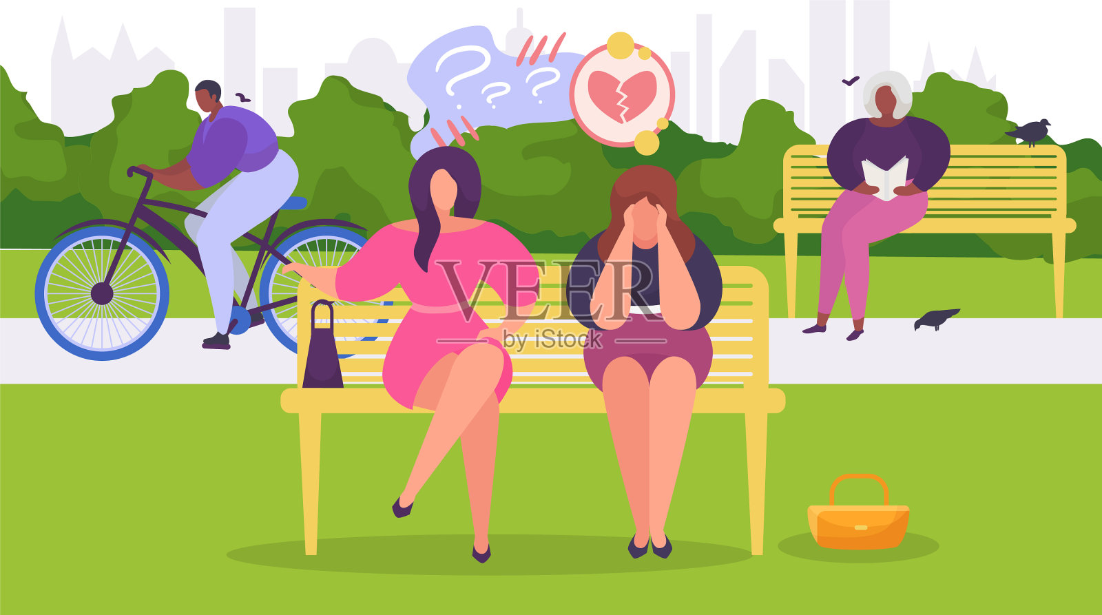 抑郁的女人坐在公园的长椅上插画图片素材