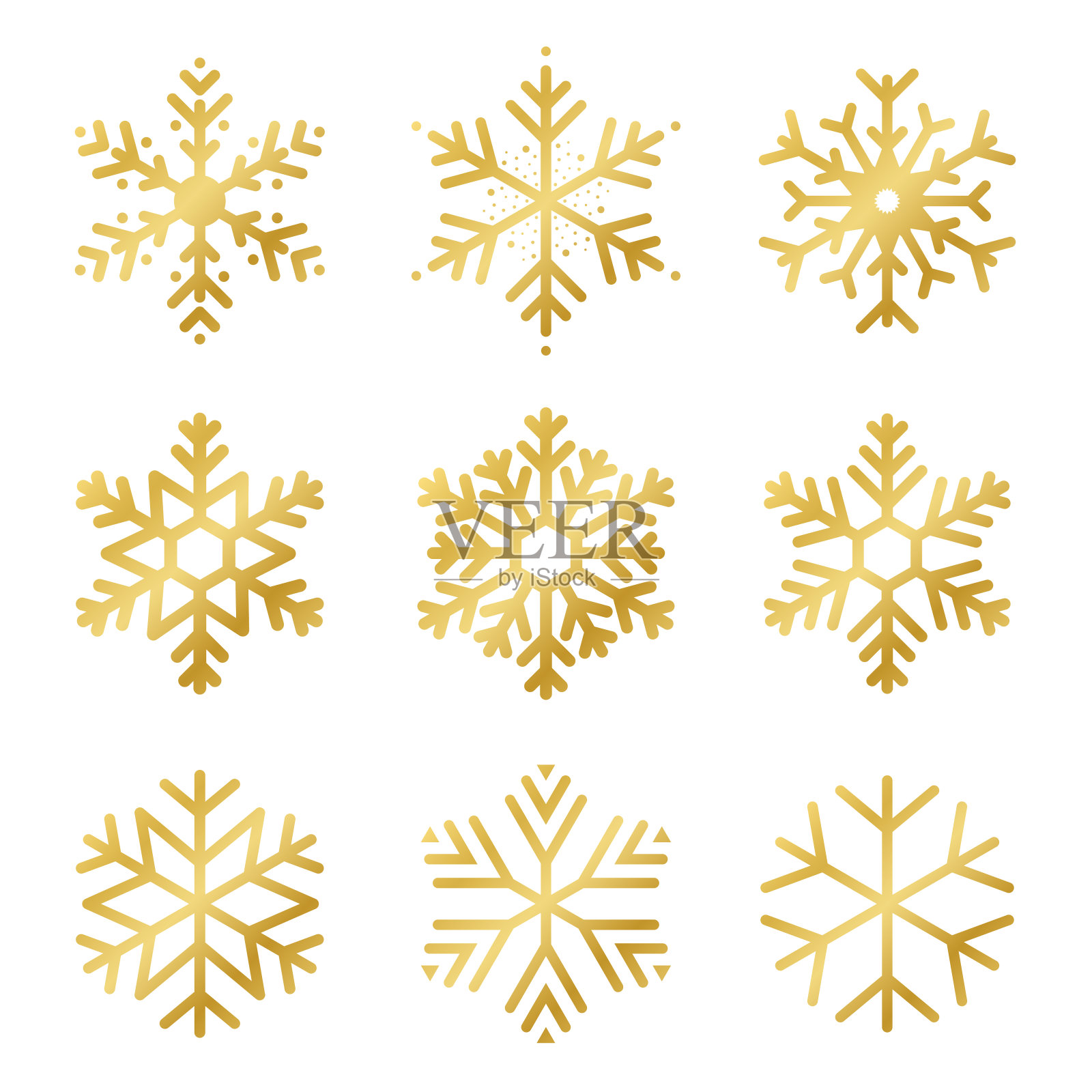 金色的雪花为圣诞节装饰。闪亮的金色雪花，各种抽象和几何图案。美丽的雪花孤立在白色的背景上插画图片素材
