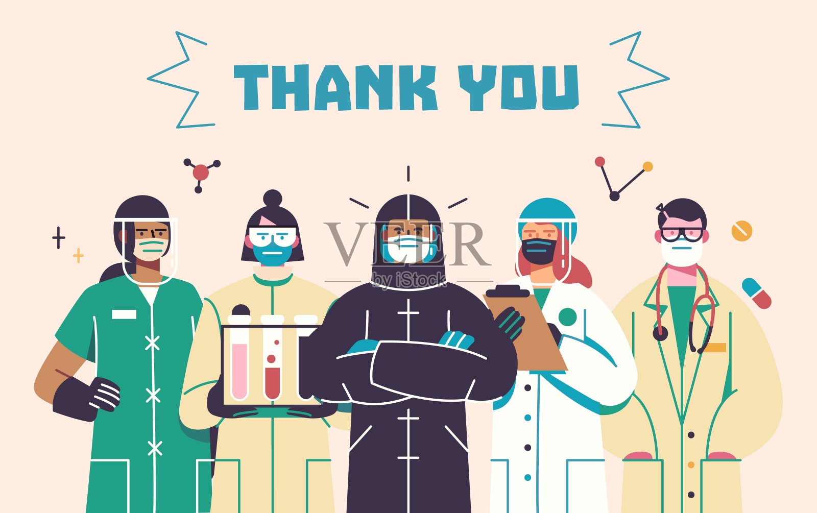 感谢在医院工作的医生和护士们，感谢你们抗击冠状病毒，感谢你们的媒介插图插画图片素材