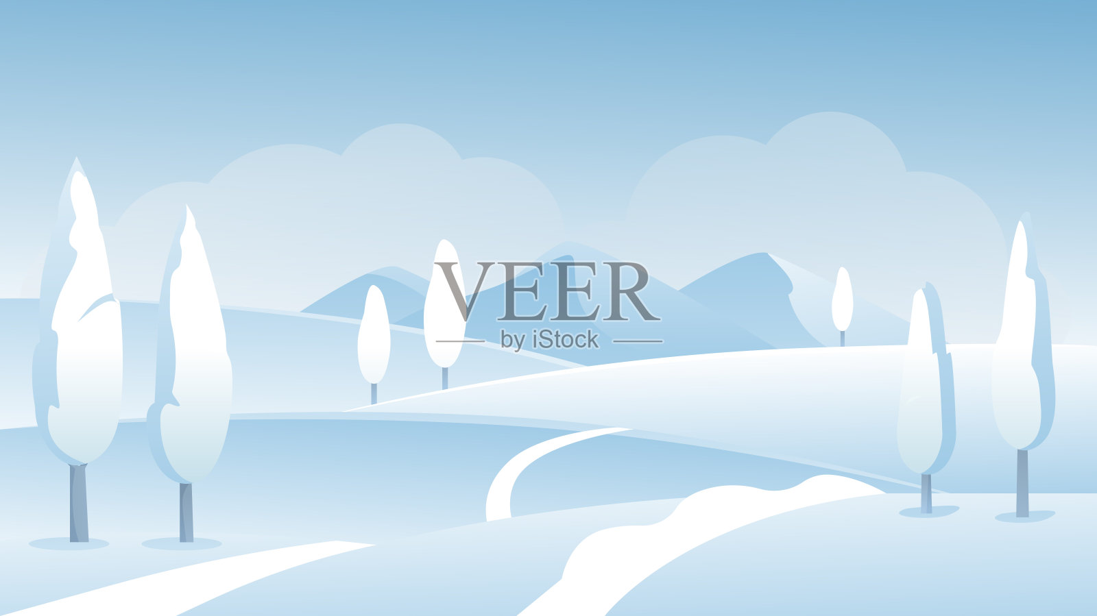 冬季景观，卡通霜冻自然雪景，道路小径覆盖在白雪覆盖的山上插画图片素材
