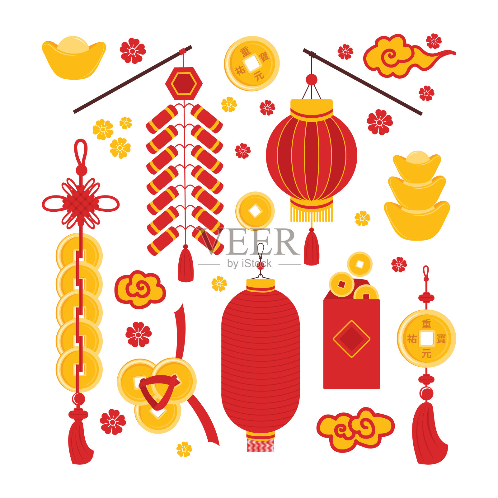 设置中国新年象征吉祥、繁荣和财富孤立的符号向量。放鞭炮，纸手电筒，装钱的红包，金条和硬币。传统的亚洲元素插画图片素材