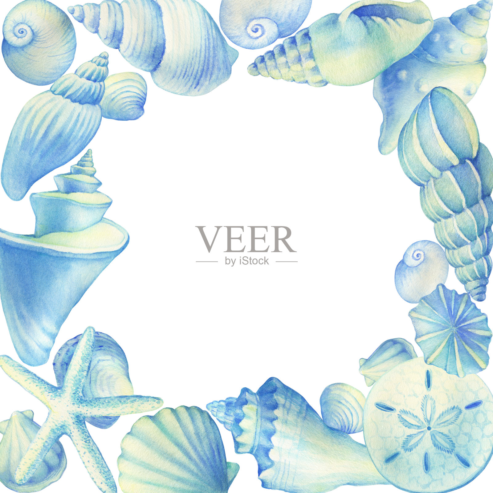 框架与地方的文字-水下生命物体-蓝色的贝壳，海星。水彩手绘插图孤立的白色背景。插画图片素材