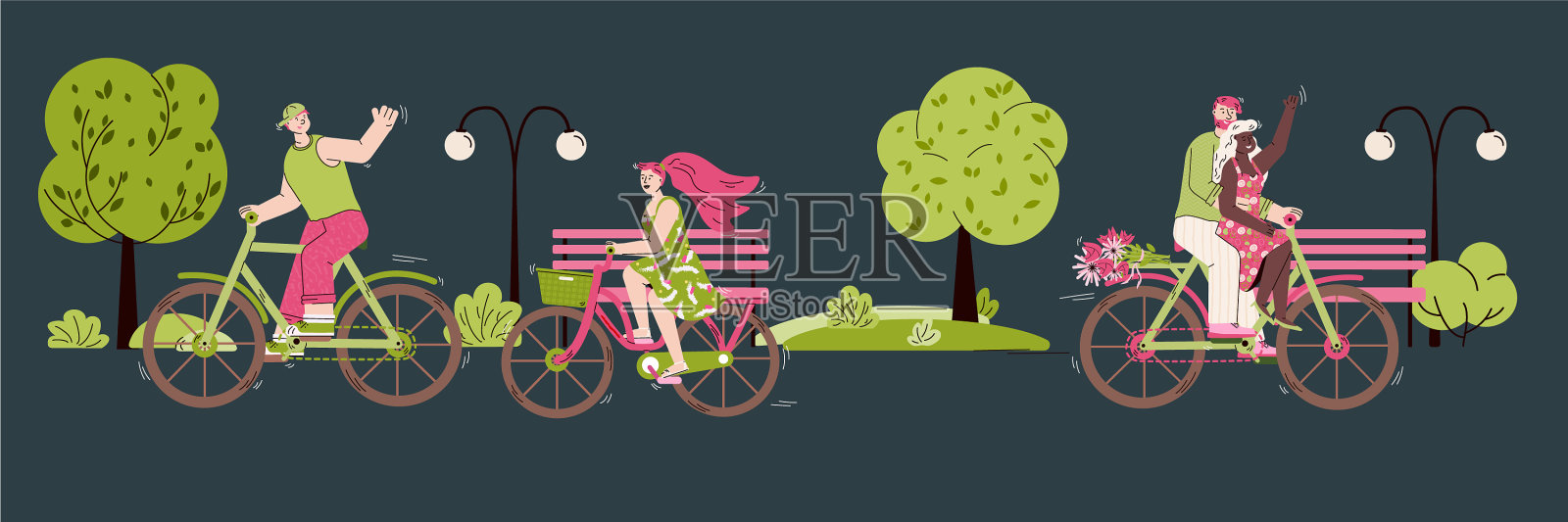 公园景观与人们骑自行车的卡通插画图片素材