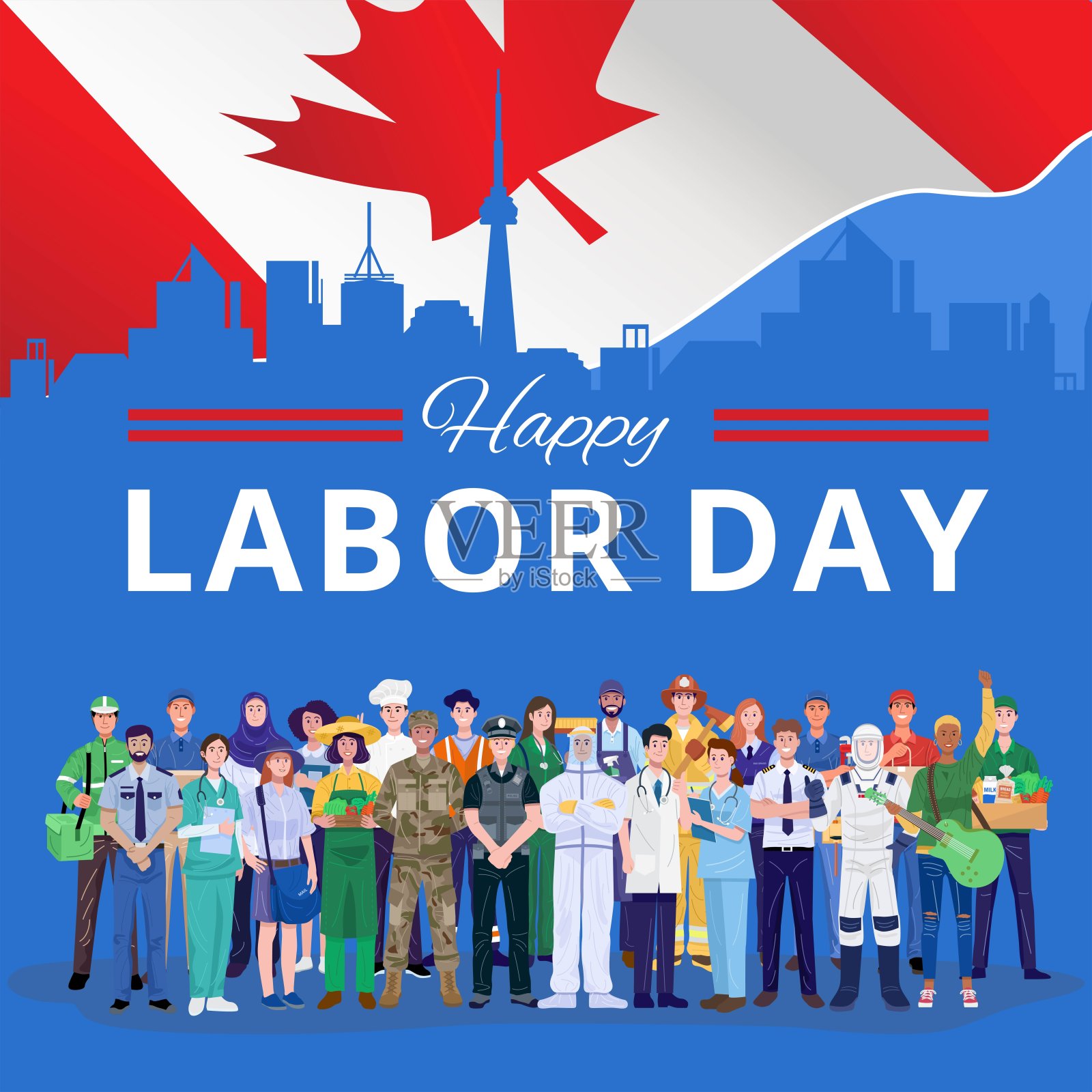 劳动节快乐。不同职业的人举着加拿大国旗。向量设计模板素材_ID385312306Veer图库