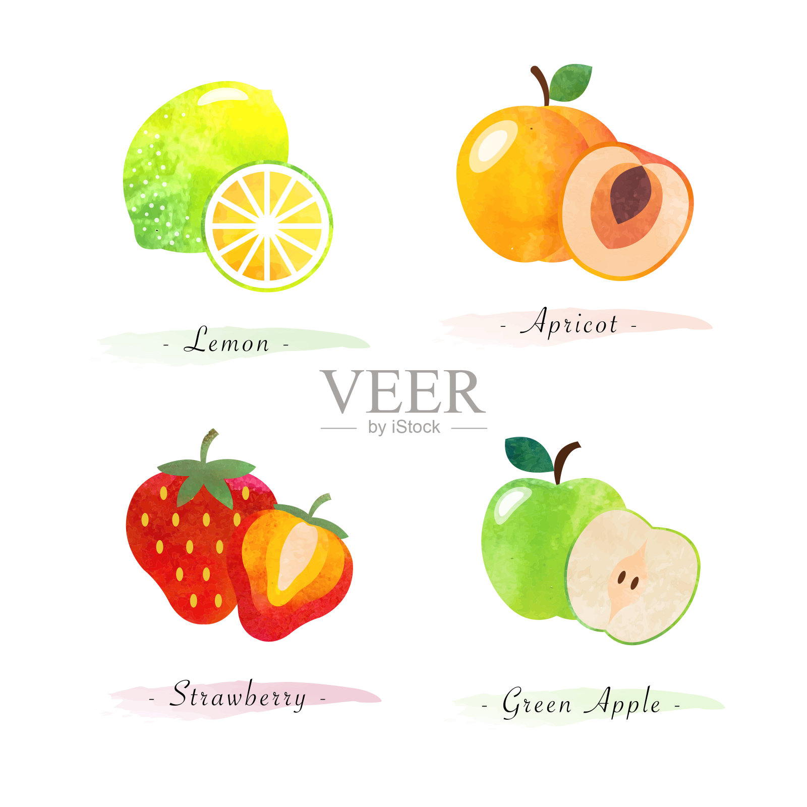 有机天然健康食品水果柠檬杏草莓青苹果插画图片素材