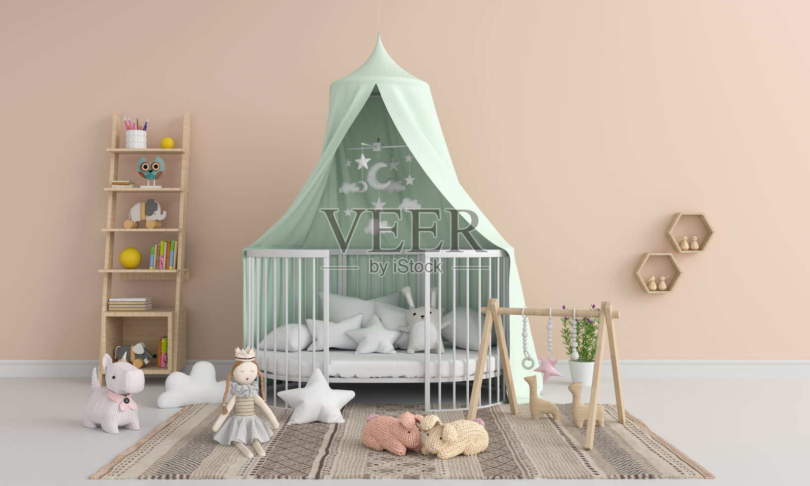 棕色儿童卧室模型，3D渲染照片摄影图片