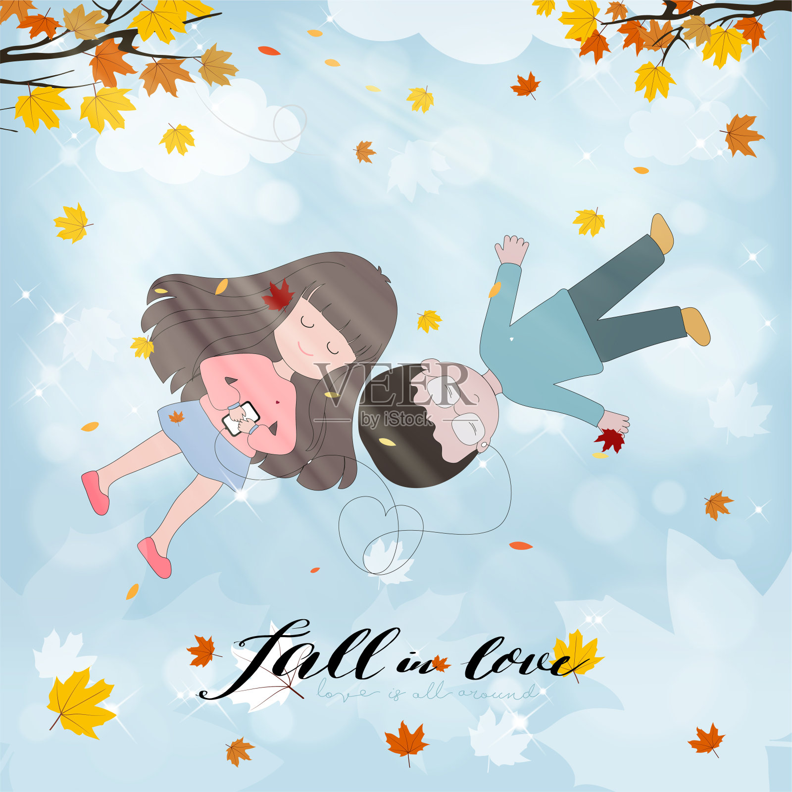 情人节。女孩和男孩一起躺在秋叶下，阳光灿烂。可爱的卡通秋日情侣在蓝天下的公园里听音乐插画图片素材