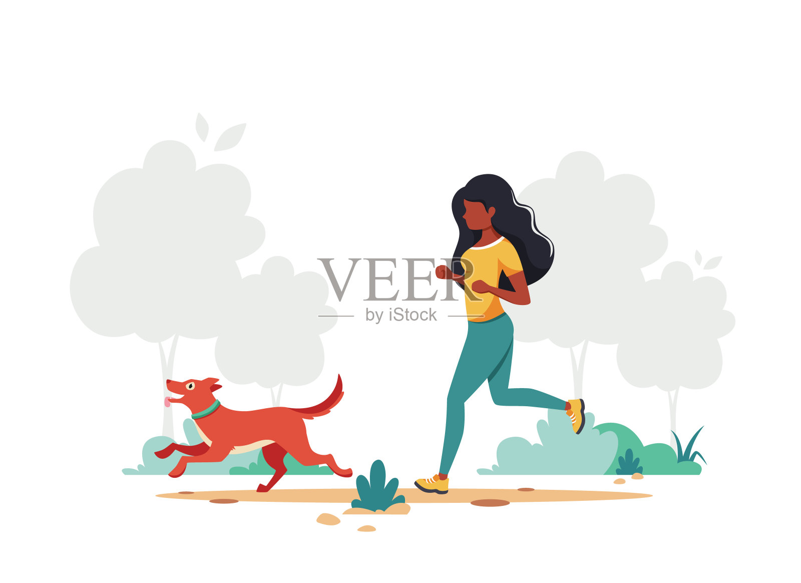 黑人妇女慢跑与狗。户外活动。矢量插图。插画图片素材