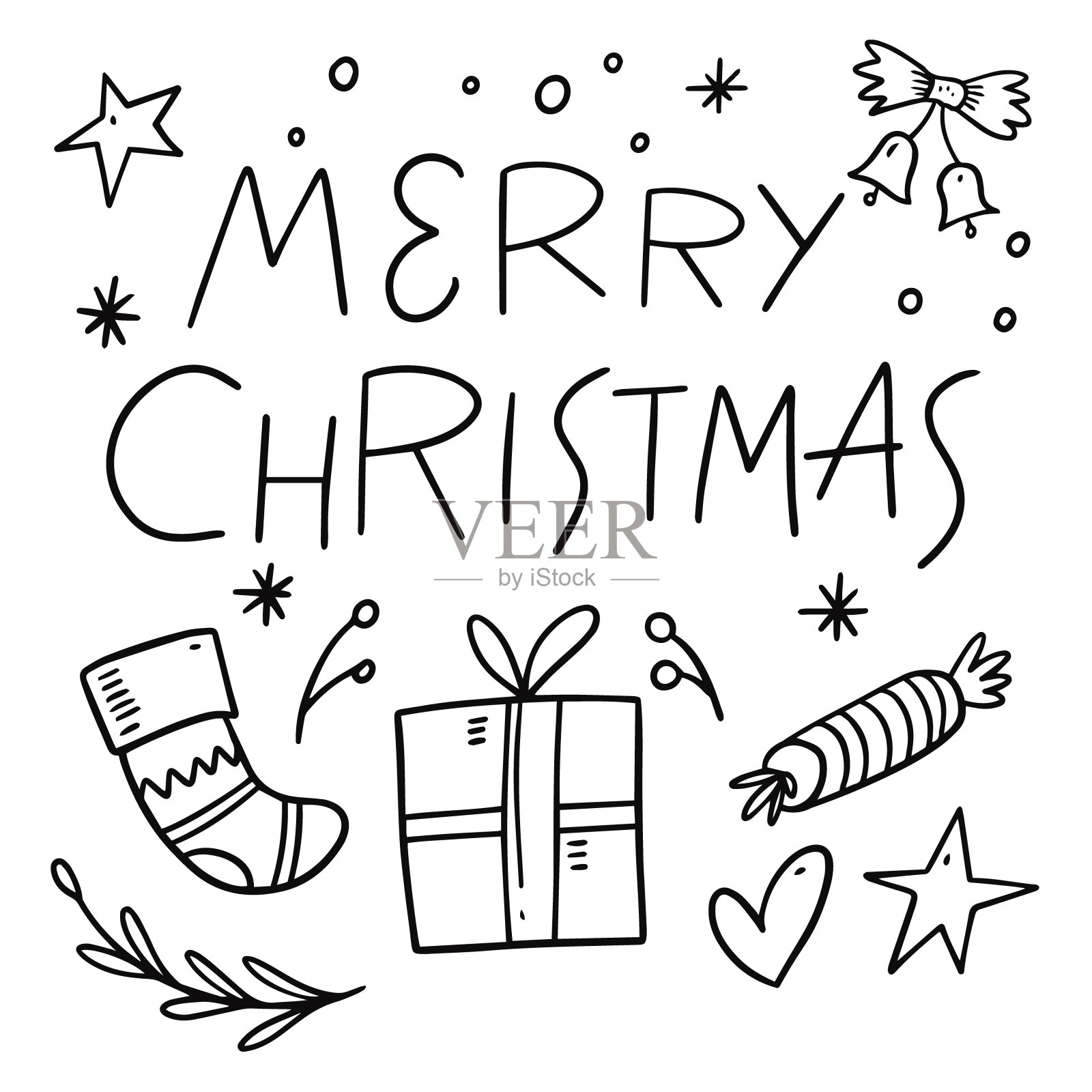 圣诞快乐单色涂鸦套装。手绘字体。行风格。插画图片素材