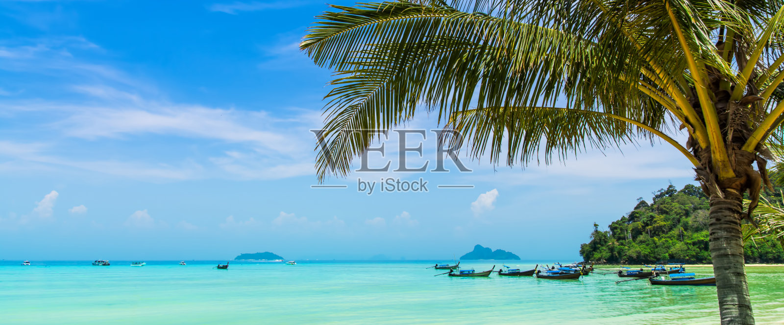 美丽的海滩，泰国传统的长尾船和棕榈树。地点:泰国甲米省，安达曼海，科皮皮顿岛。艺术照片。美丽的世界。照片摄影图片