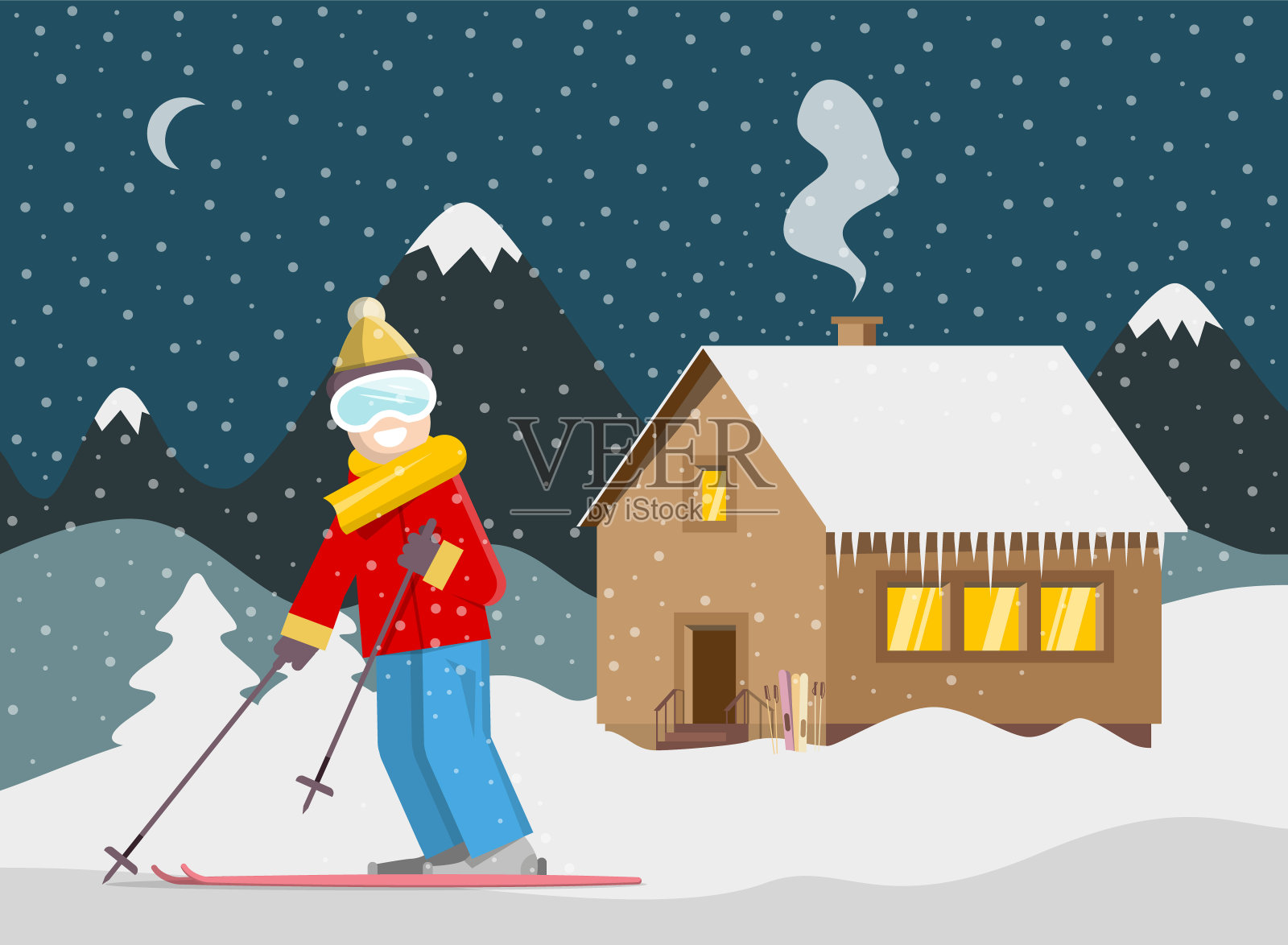 晚上冬天的圣诞场景覆盖着雪插画图片素材