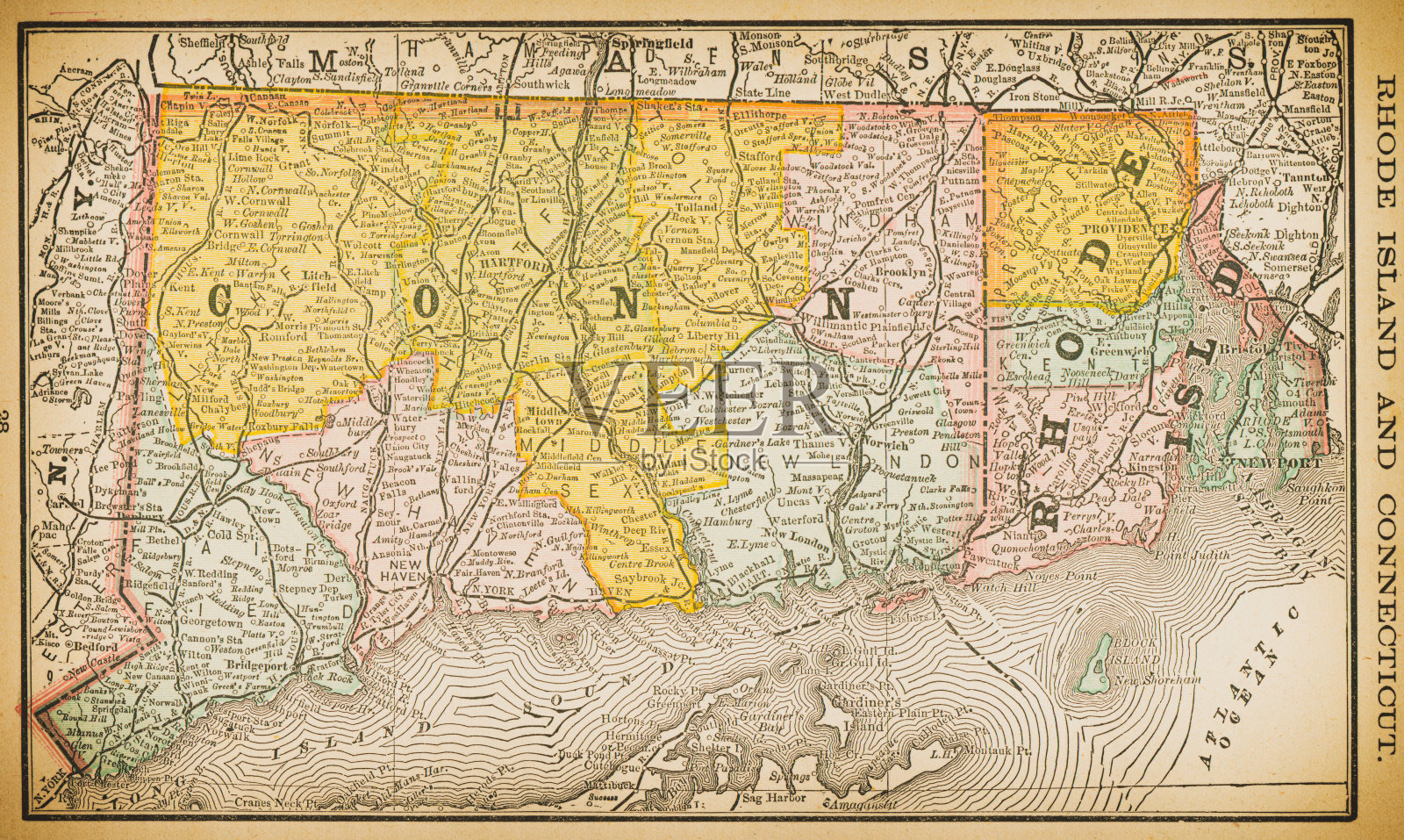 19世纪罗德岛和康涅狄格州的地图插画图片素材