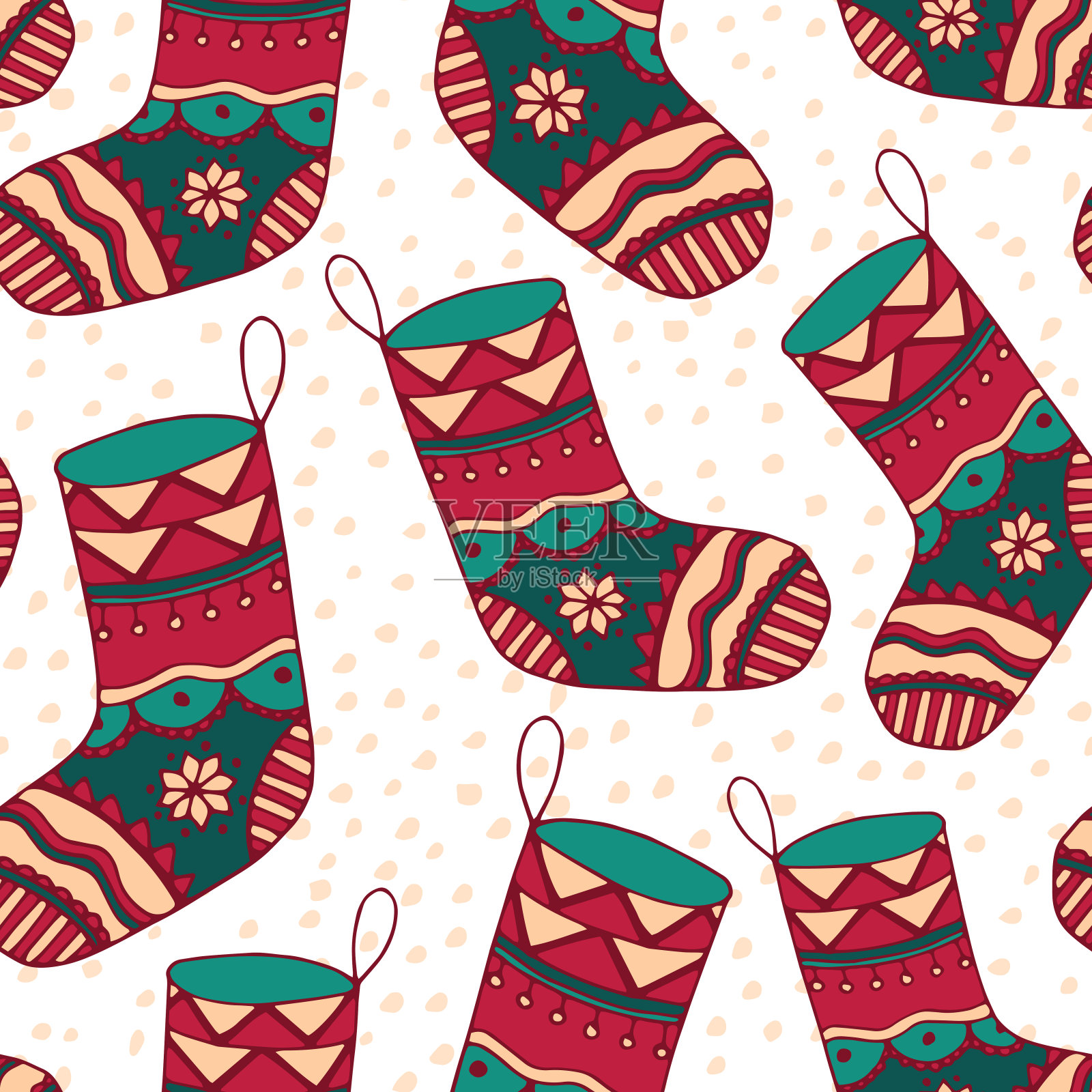 红色圣诞袜矢量无缝图案。节日装饰插图与涂鸦手绘袜子在平静的冬季调色板插画图片素材