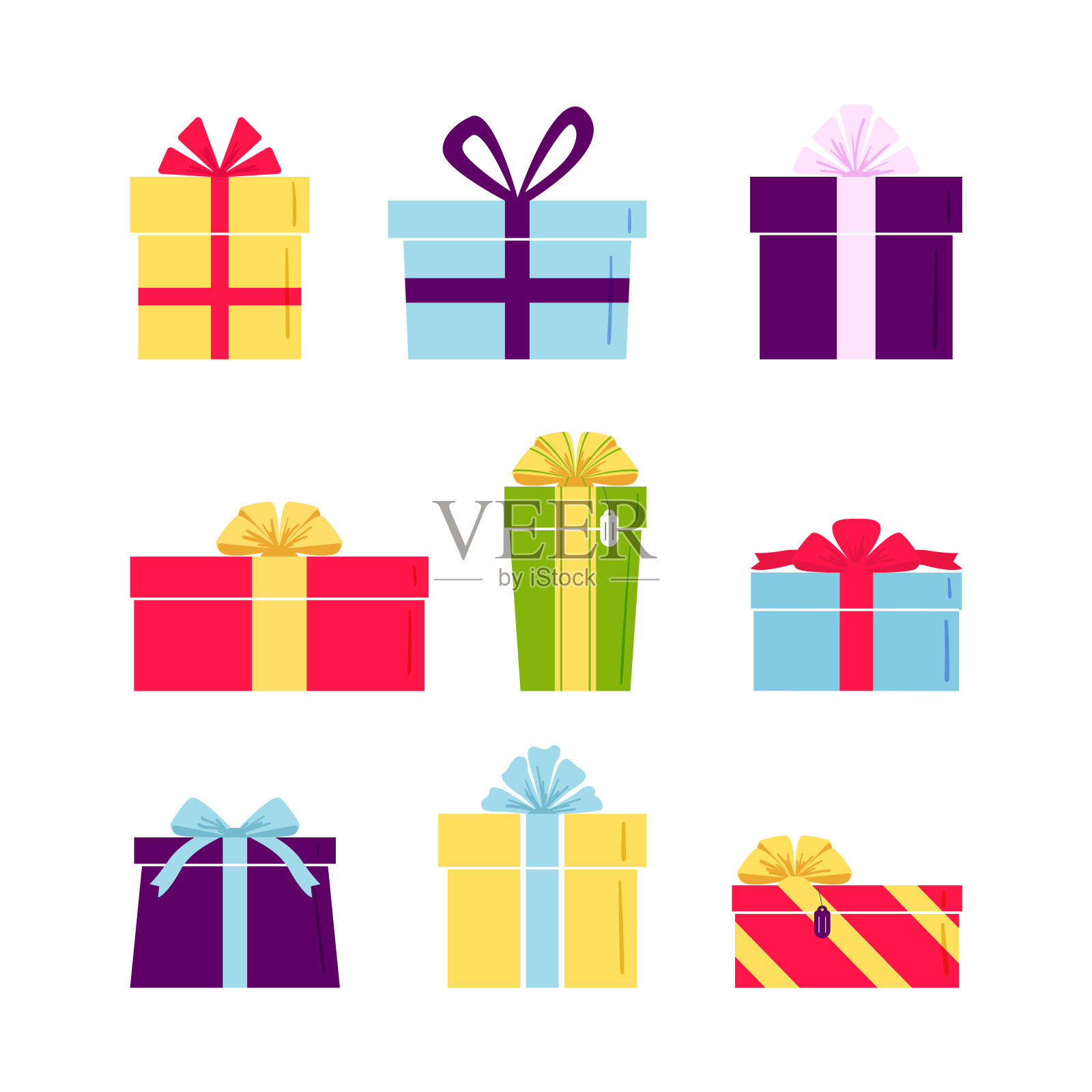 一套可爱的彩色礼品盒。带着丝带和蝴蝶结的礼物。明信片、贺卡。圣诞节或新年礼物设计元素图片