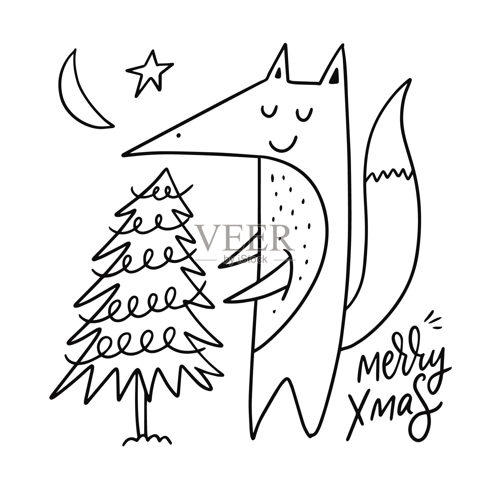 狐狸和圣诞树。快乐的圣诞卡片。卡通着色线条艺术。设计元素图片
