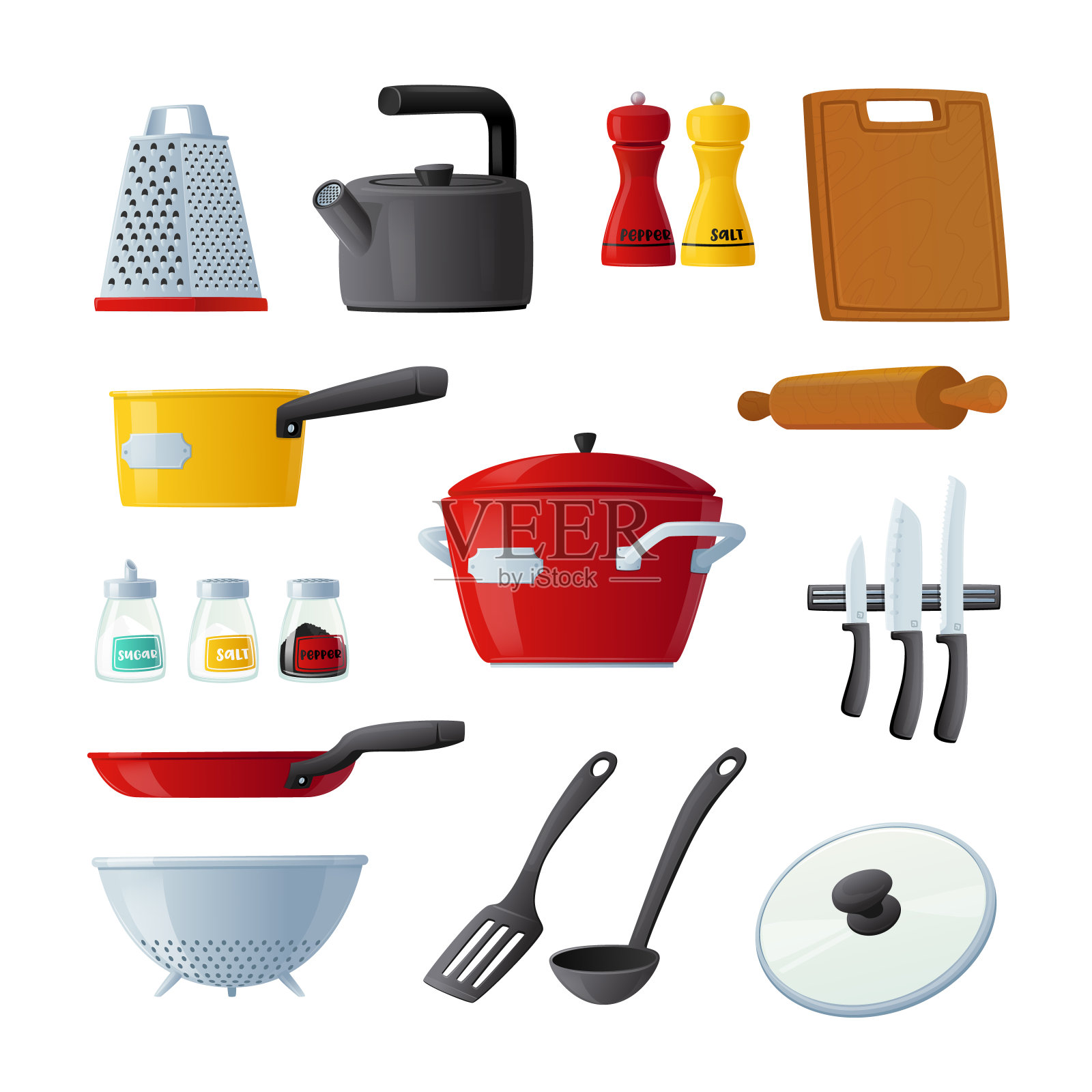 采购产品一套图标厨具和器皿烹饪锅，Turner，擀面杖和切菜板，水壶，刀和刨丝器插画图片素材