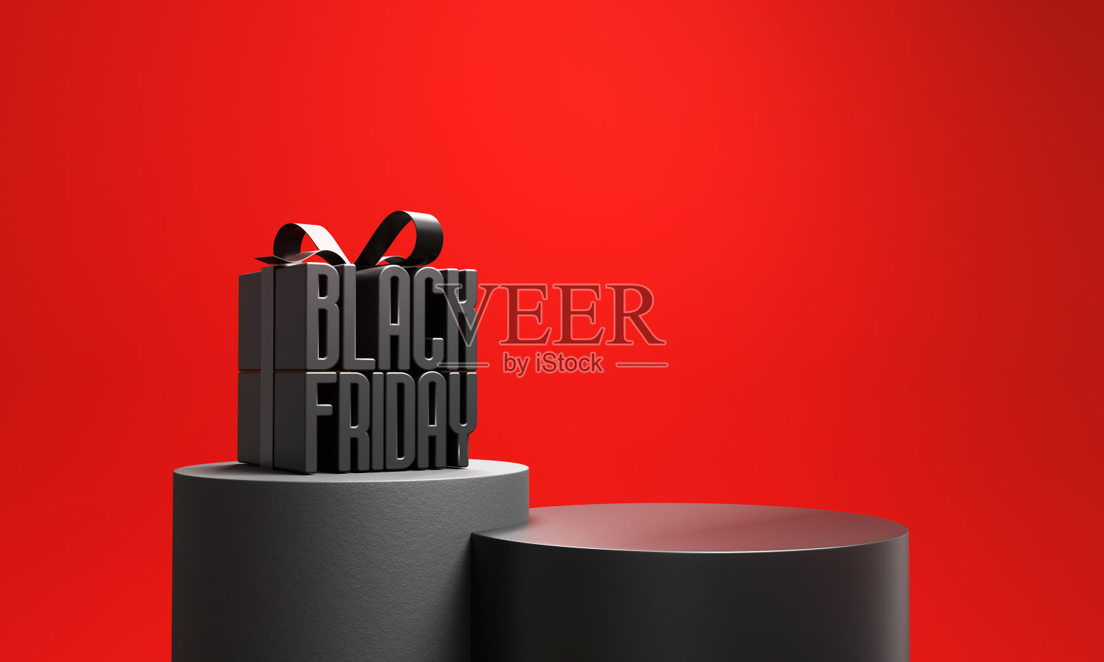 黑色星期五礼品盒与空黑色圆筒讲台的产品。照片摄影图片