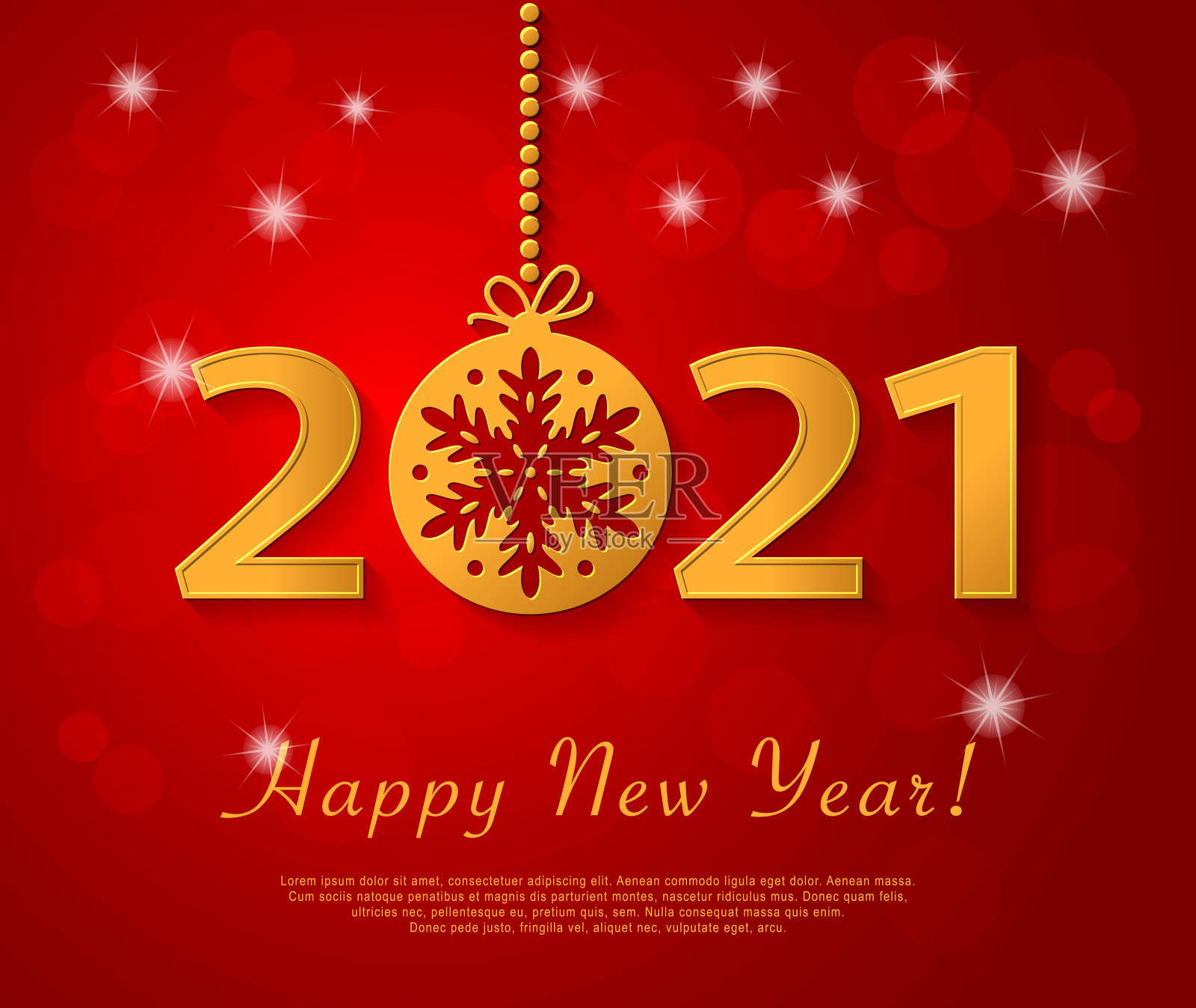 2021年新年快乐设计与金色的雪花圣诞球。插画图片素材