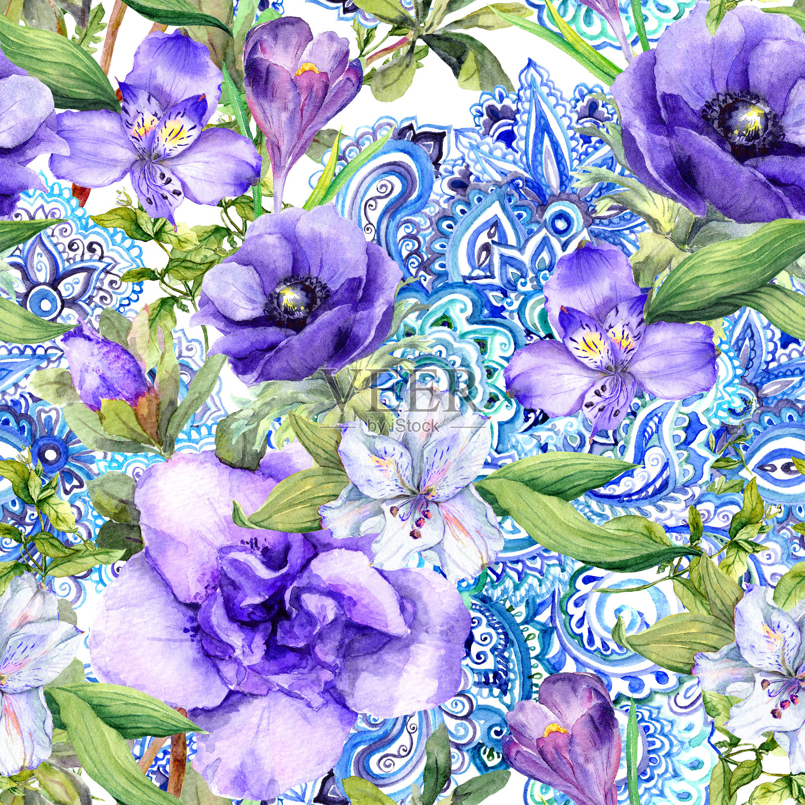 花卉背景-装饰装饰在波西米亚别致的风格。无缝图案与蓝色花朵和佩斯利民族装饰。水彩插画图片素材