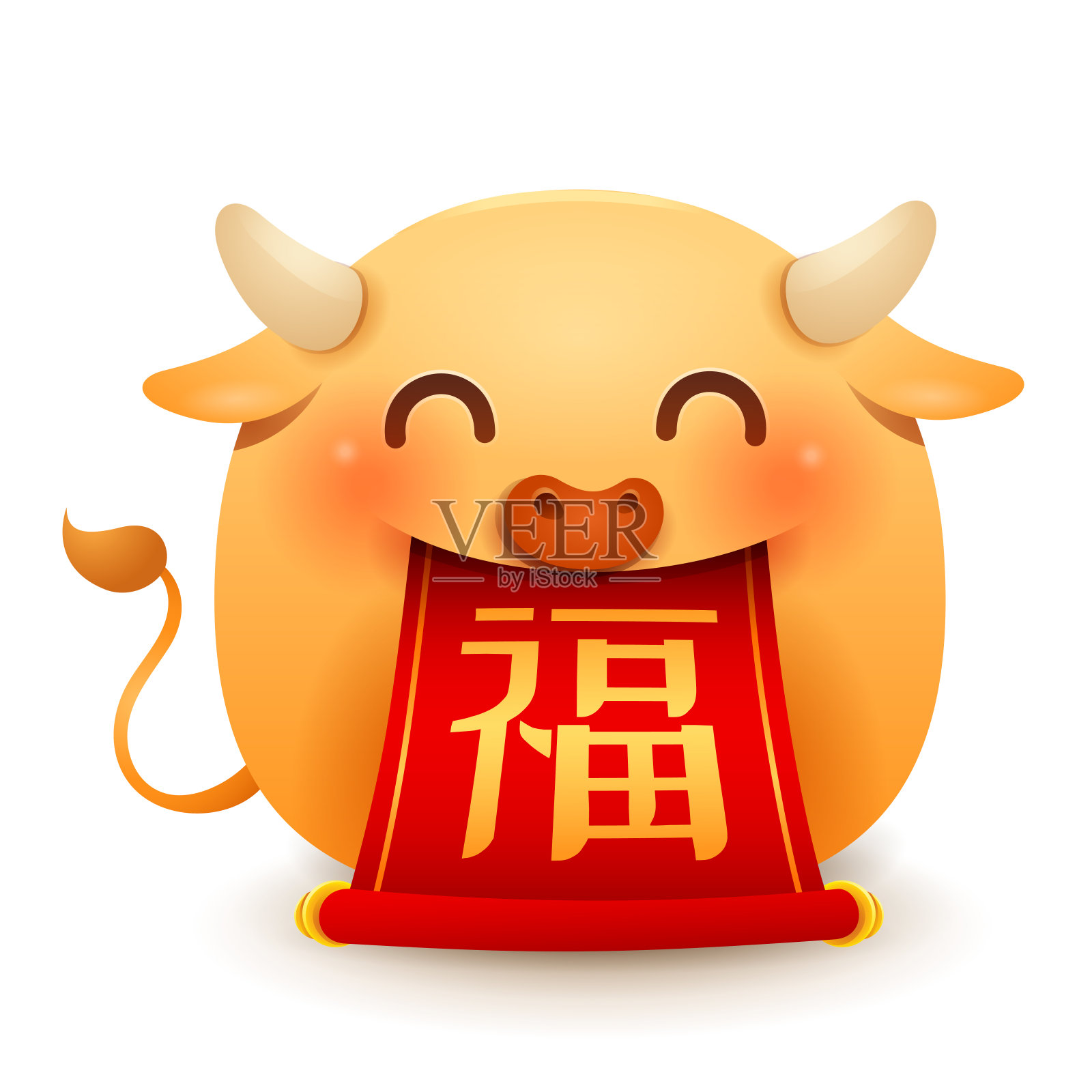 可爱的小公牛与中国卷轴。中国新年。岁次牛年，翻译过来就是财富。设计模板素材