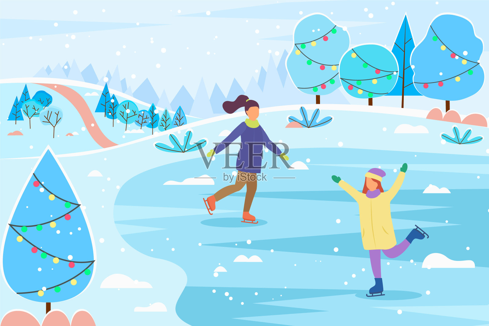 女性朋友溜冰在冬季公园向量插画图片素材