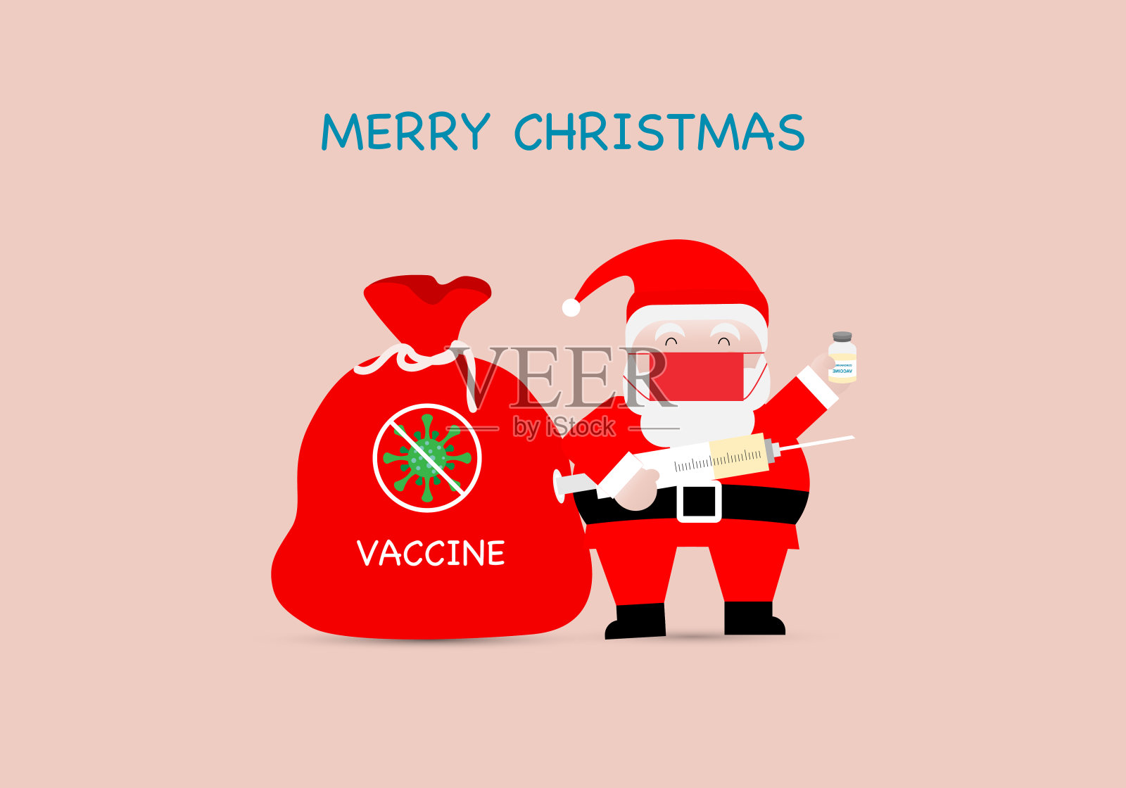 圣诞快乐。圣诞老人送的新冠病毒疫苗礼物。插画图片素材