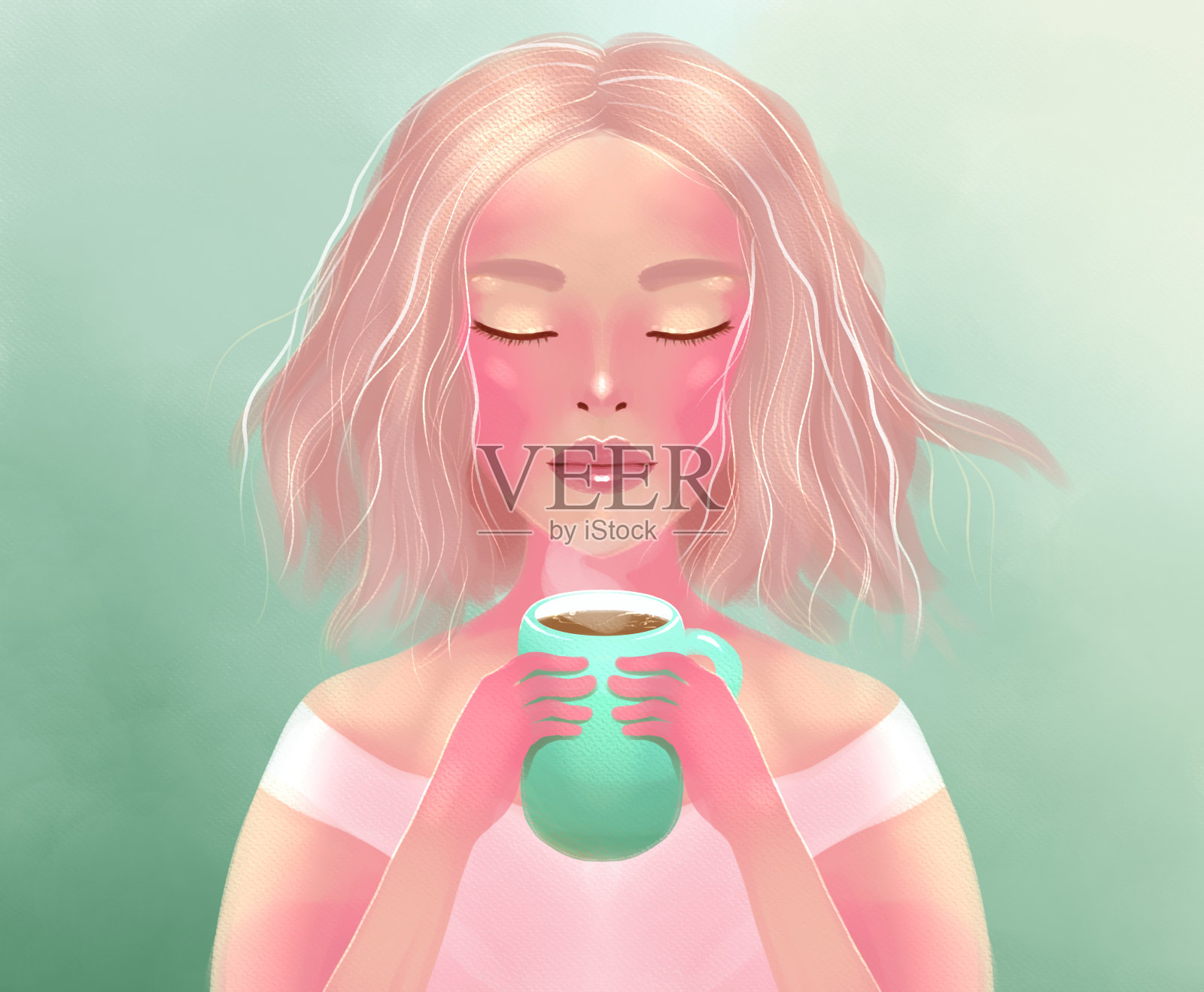 插图的一个金发女孩与一杯茶或咖啡在她的手中。女孩闭上眼睛，愉快地闻着热饮的香味插画图片素材