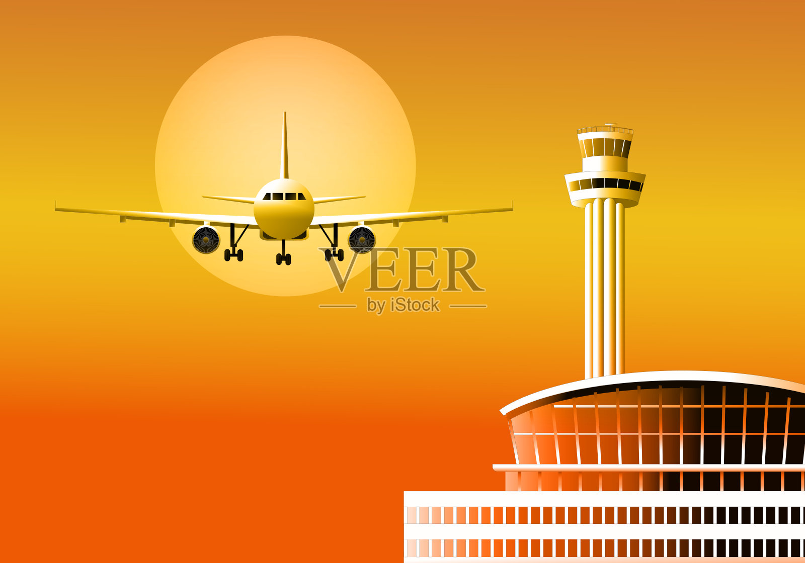 飞机在日落时分降落在机场塔台插画图片素材
